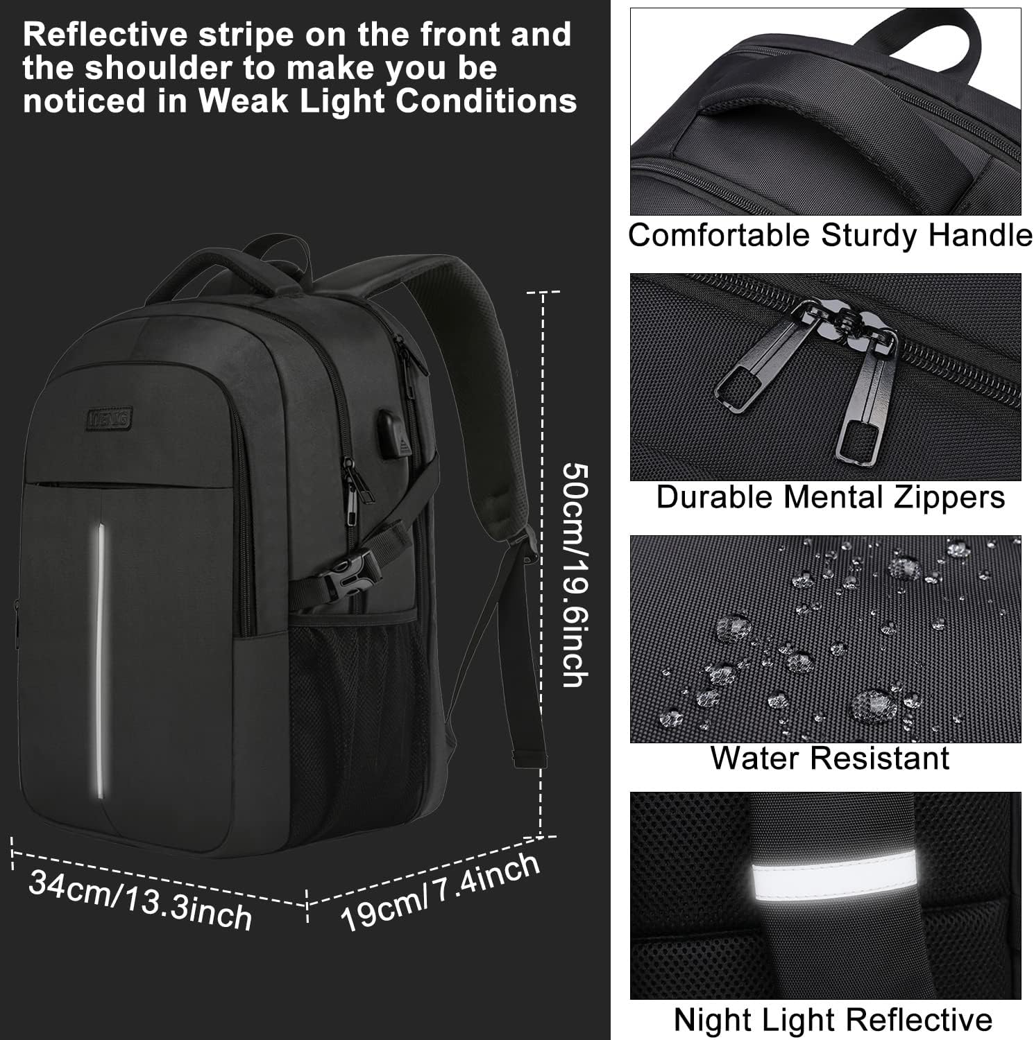 Großer Laptop-Rucksack für Herren, 17 Zoll, Laptoptasche für Schule, Arbeit, mit USB-Ladeanschluss, wasserdicht, für Geschäftsreisen, Notebook-Tasche, Schulrucksack für Männer, Frauen, Jungen, Teenager, Schwarz – Bild 5