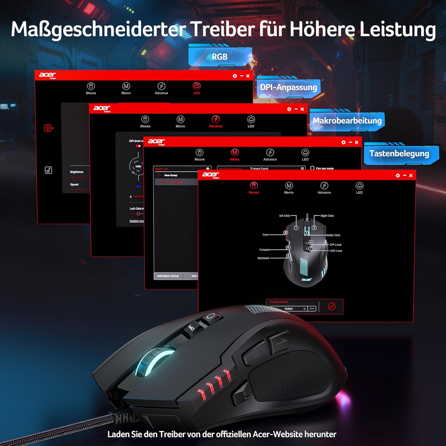 Acer Gaming-Maus mit Kabel 12800 DPI, kabelgebundene Computer-Gaming-Maus mit Treiber, 1000 Hz Abfragerate und 8 programmierbaren Tasten, Schnellfeuertaste und RGB-Lichtern, PC-Gaming-Maus, ideal für PC/Laptop – Bild 6