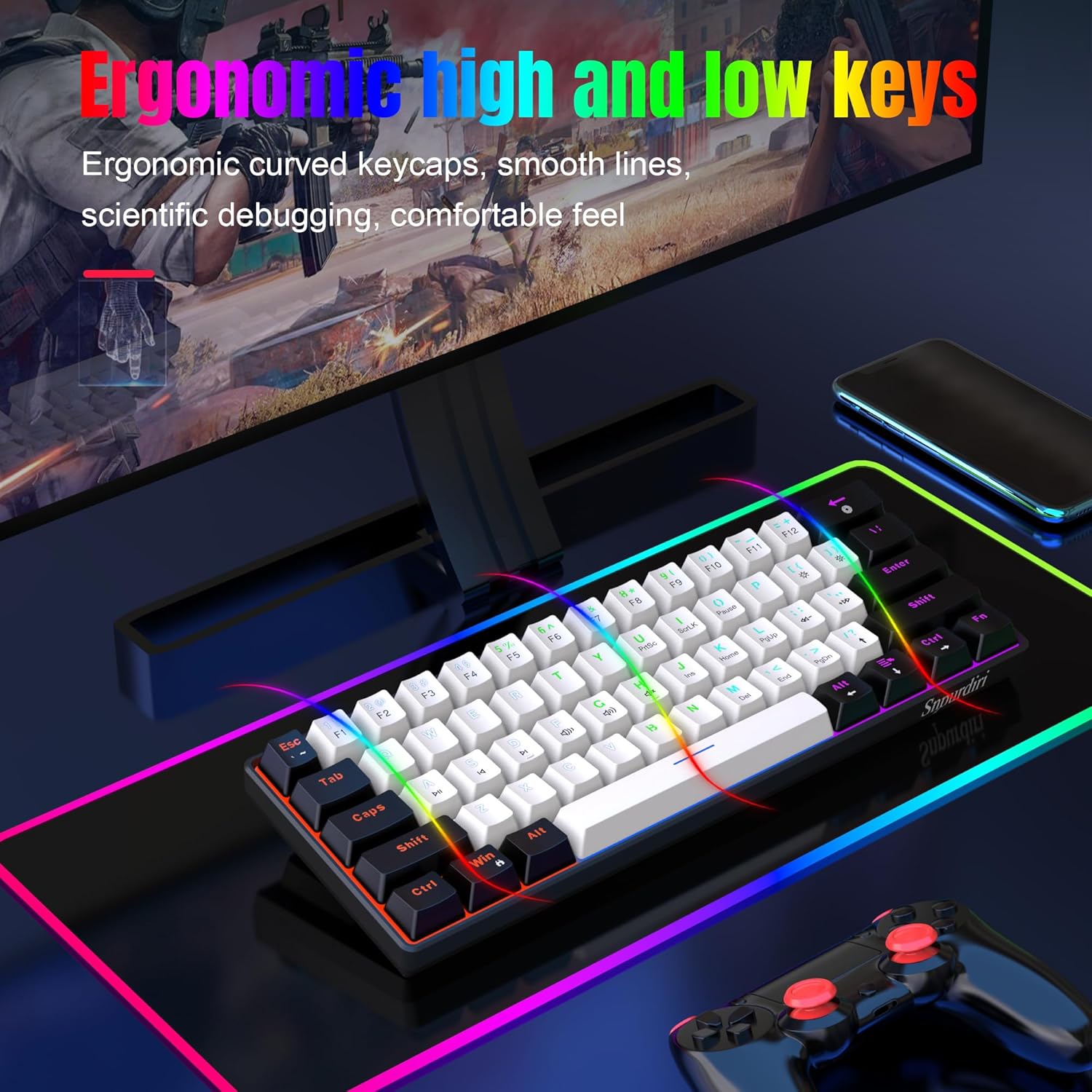 Snpurdiri 60 % kabelgebundene mechanische Gaming-Tastatur, 61 Anti-Ghosting-Tasten, RGB-Hintergrundbeleuchtung, ultrakompakte blaue Schalter, zwei Ständer, Schwarz/Weiß – Bild 9