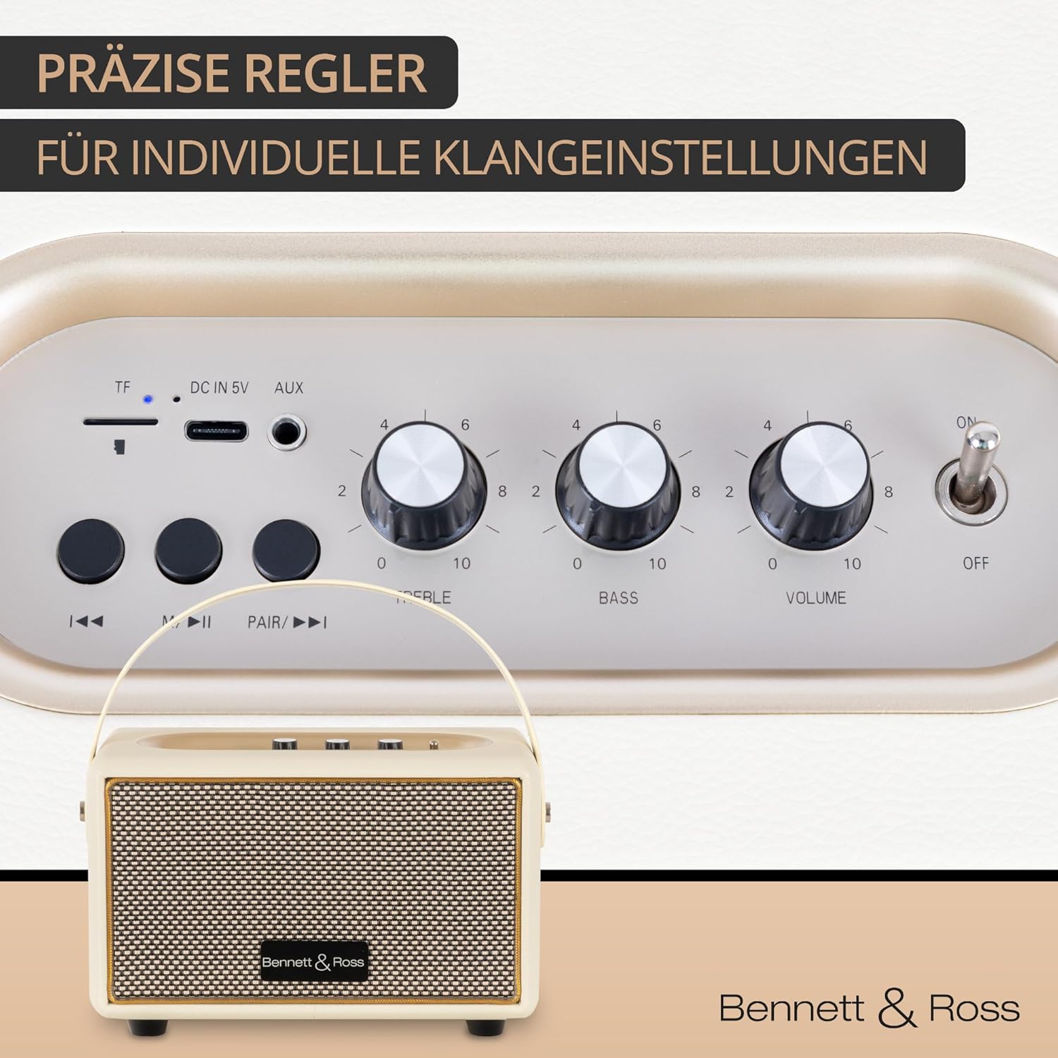 Bennett & Ross BB-820CW Blackmore Junior Retro-Bluetooth-Lautsprecher in Lederoptik mit 5200-mAh-Akku – Vintage-Lautsprecher mit 20 W – MicroSD-Eingang mit MP3-Player – Aux-in – Weiß – Bild 6