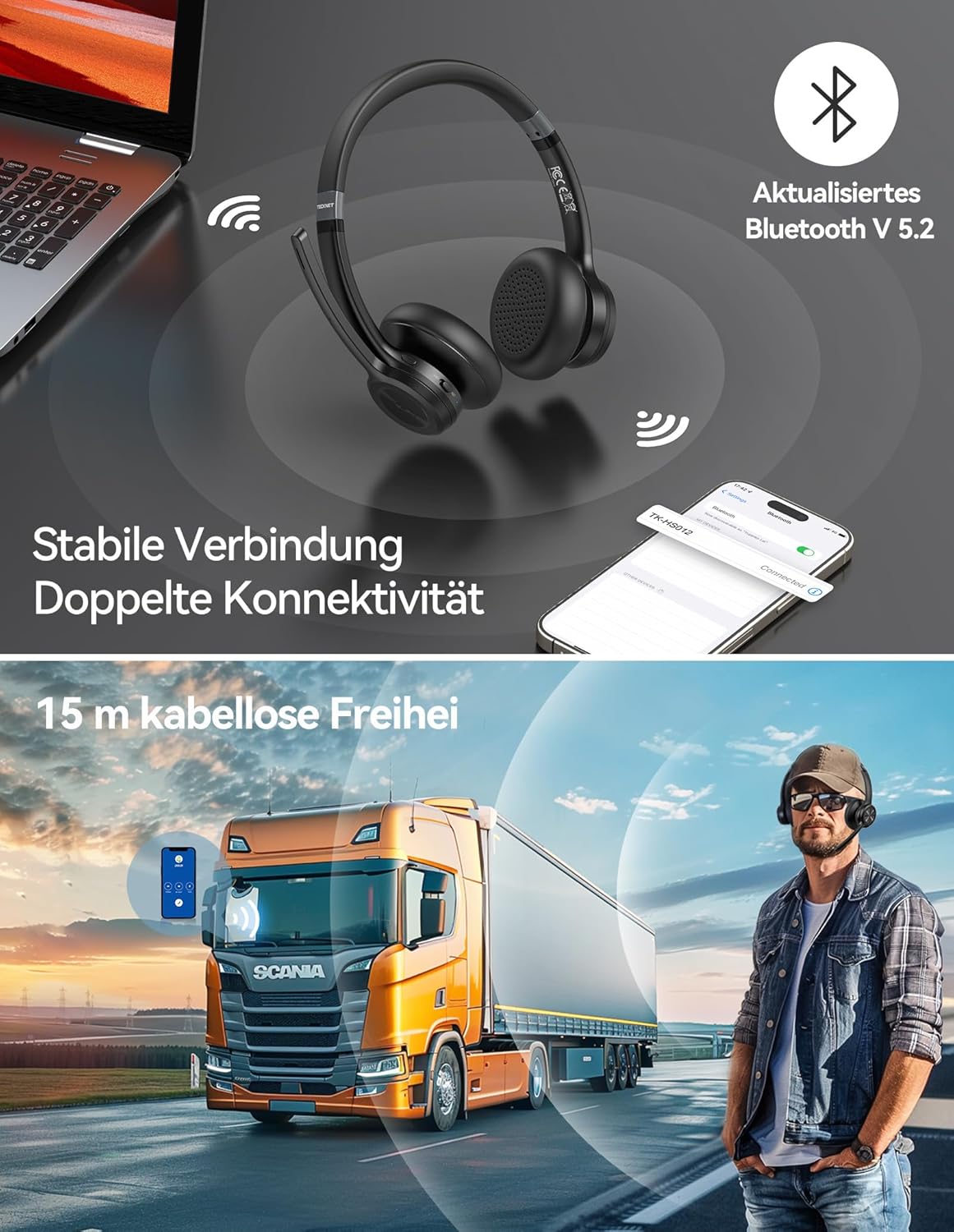 TECKNET V5.2 Bluetooth-Headset mit Mikrofon, kabelloses Headset mit Geräuschunterdrückung und Stummschaltung des Mikrofons, wiederaufladbare On-Ear-Kopfhörer kabellos für Trucker/Callcenter/Büro – 50+ Stunden Akku – Bild 5