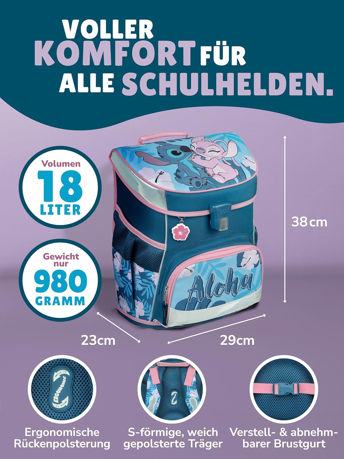 Familando - Schulranzen-Set Scooli Campus Fit – 10-teilig mit Schultüte – Disney Stitch – ergonomisch, stabil & 980 g leicht – 18L Volumen – Brustgurt & Reflektoren – ab 1. Klasse – Bild 2
