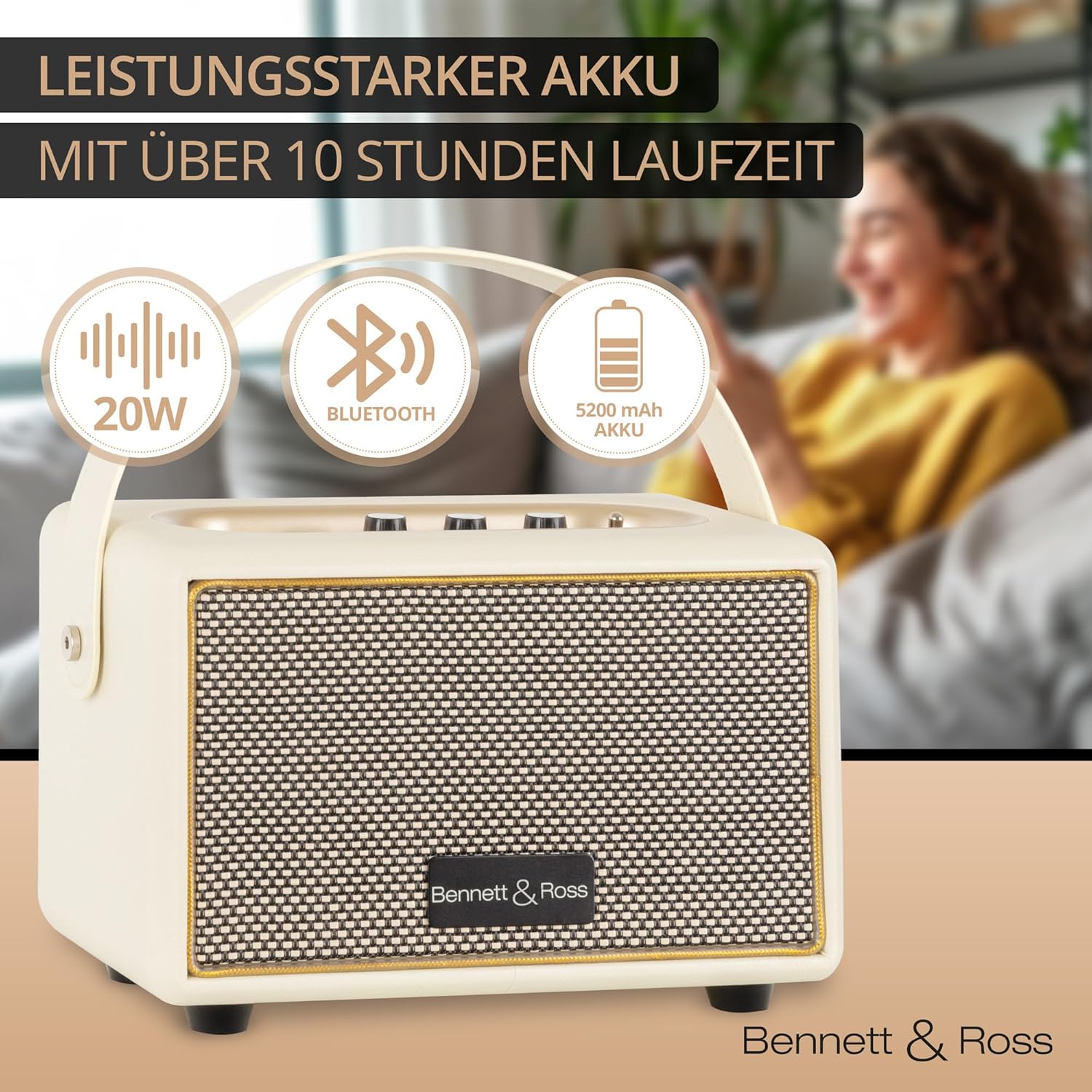 Bennett & Ross BB-820CW Blackmore Junior Retro-Bluetooth-Lautsprecher in Lederoptik mit 5200-mAh-Akku – Vintage-Lautsprecher mit 20 W – MicroSD-Eingang mit MP3-Player – Aux-in – Weiß – Bild 2