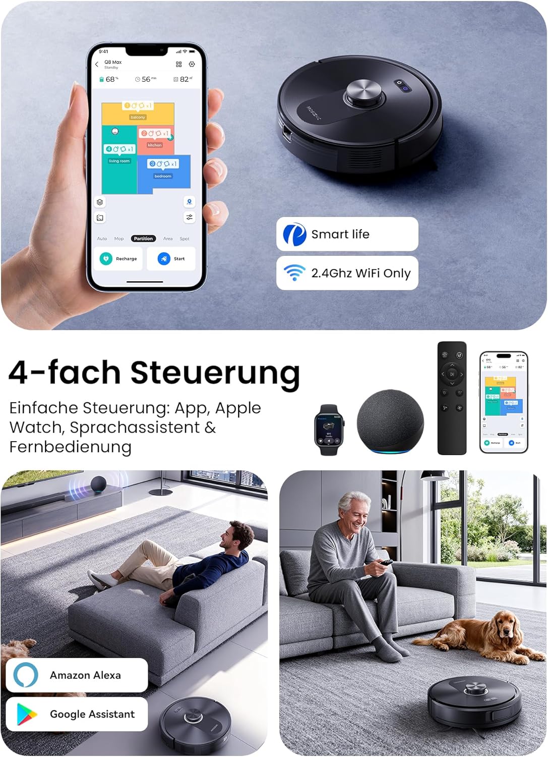 Proscenic Q10 Saugroboter mit Wischfunktion, 8000Pa 200min Staubsaugerroboter, intelligente Lasernavigation mit 5 Karten, smarte Steuerung per App, Alexa & Siri Apple Watch, Hartböden – Bild 8