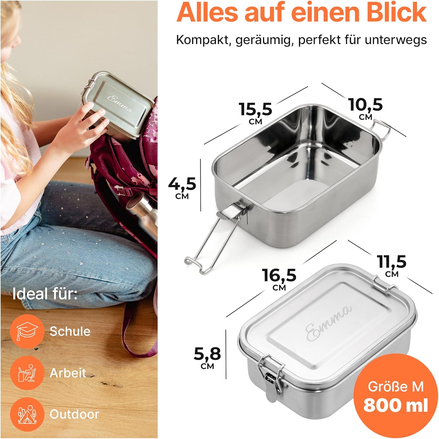 Isonio Lunchbox aus Edelstahl mit Lasergravur, inkl. Trenn- und Dichtungsring, Lunchbox, Bento-Box mit Namensgravur, M, Edelstahl – Bild 7