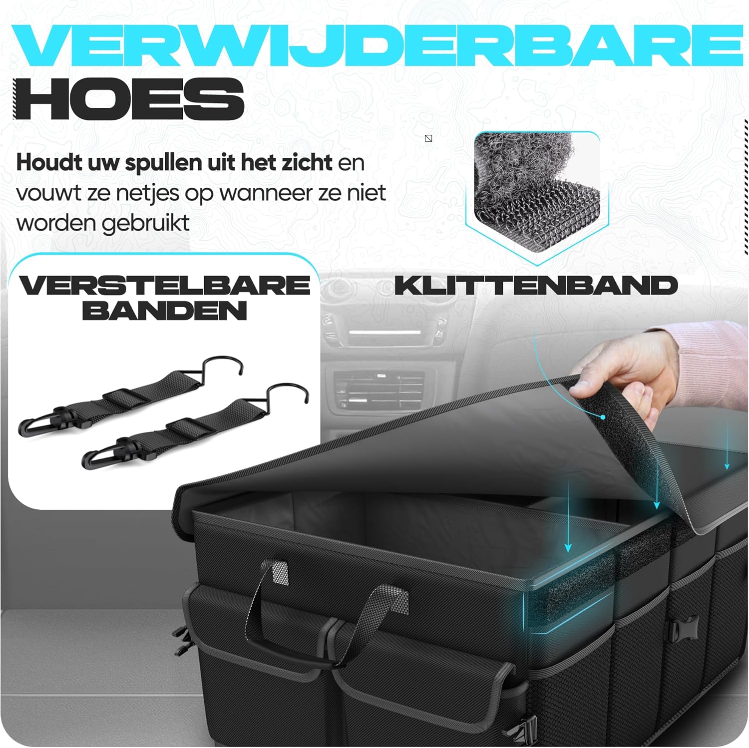FORTEM Kofferraum-Organizer, Kofferraumtasche, faltbarer Kofferraum-Organizer mit Fächern, rutschfester Basis, verstellbaren Sicherheitsgurten, Klappdeckel (schwarz, Standard) – Bild 5