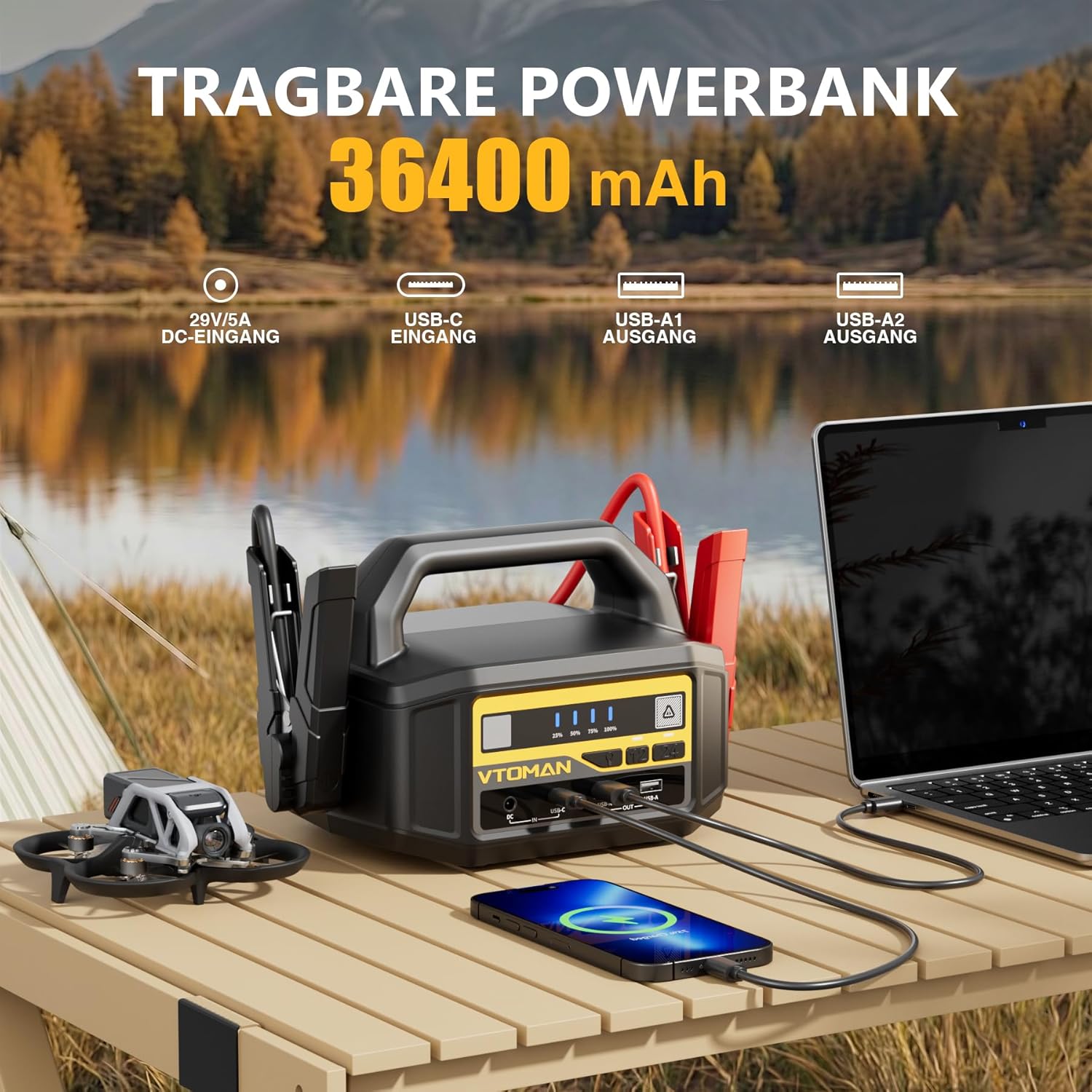 VTOMAN V-Truck Auto-Starthilfe-Powerbank, 6000 A, 12 V/24 V, tragbarer Batterie-Booster für LKWs, Lieferwagen und Traktoren (alle Benziner und Diesel), Starter-Powerbank mit LED-Taschenlampe und USB-Schnellladung – Bild 4