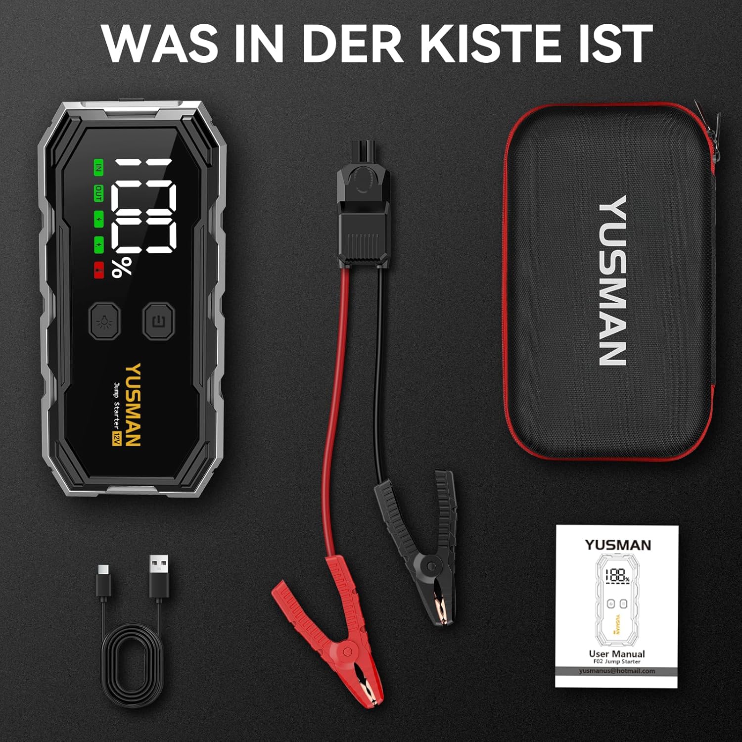YUSMAN Starthilfe-Powerbank für Autos | 8000 A Autobatterie-Booster für alle Fahrzeuge und 10,0 l Diesel mit LED-Taschenlampe, großem Display und Starthilfekabel – ideal für SUVs, Motorräder, Rasenmäher – Bild 6