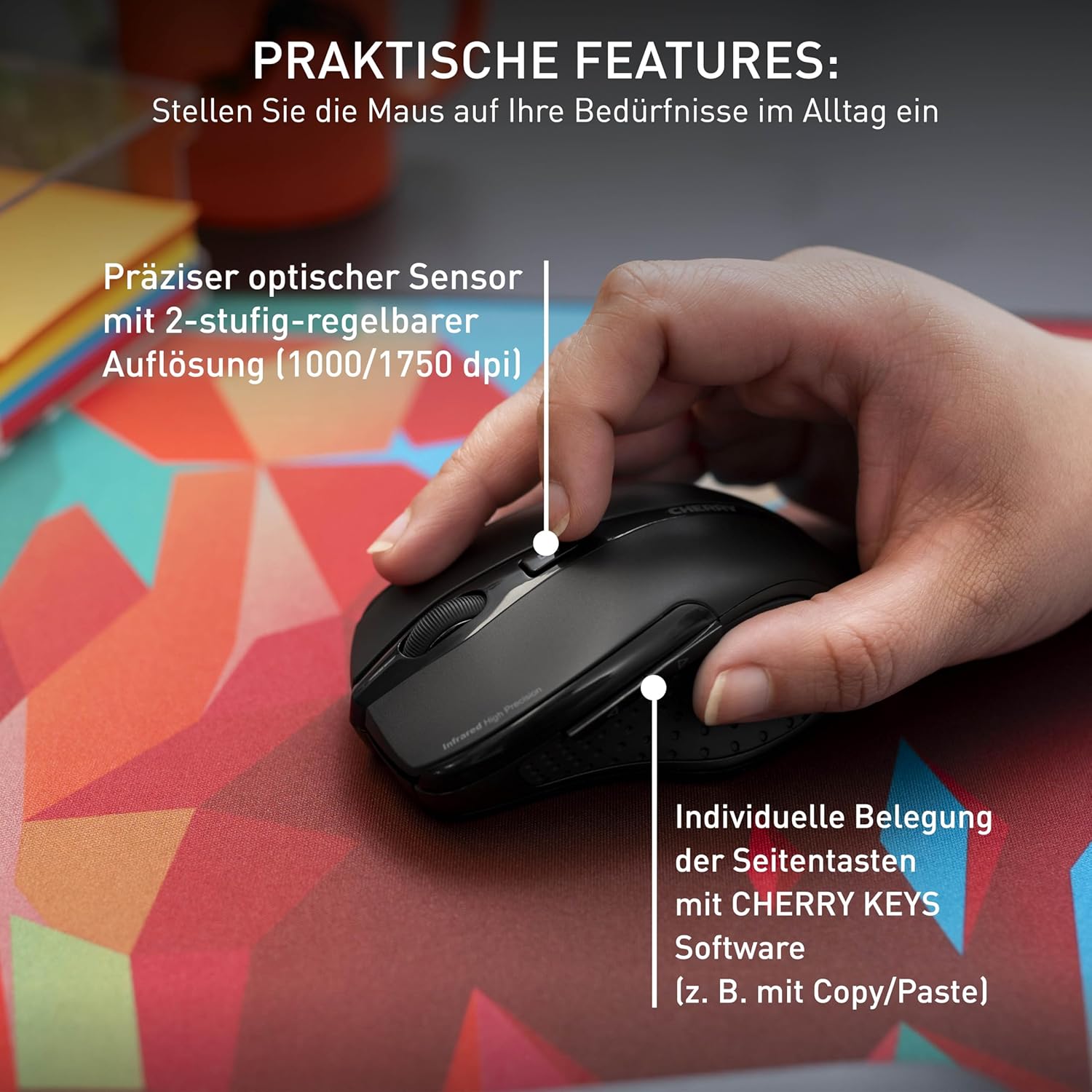 CHERRY MW 3000 kabellose ergonomische Maus für Rechtshänder, 2,4-GHz-Funk, 6 Tasten, optischer Sensor, gummierte Seiten, batteriebetrieben, schwarz – Bild 7