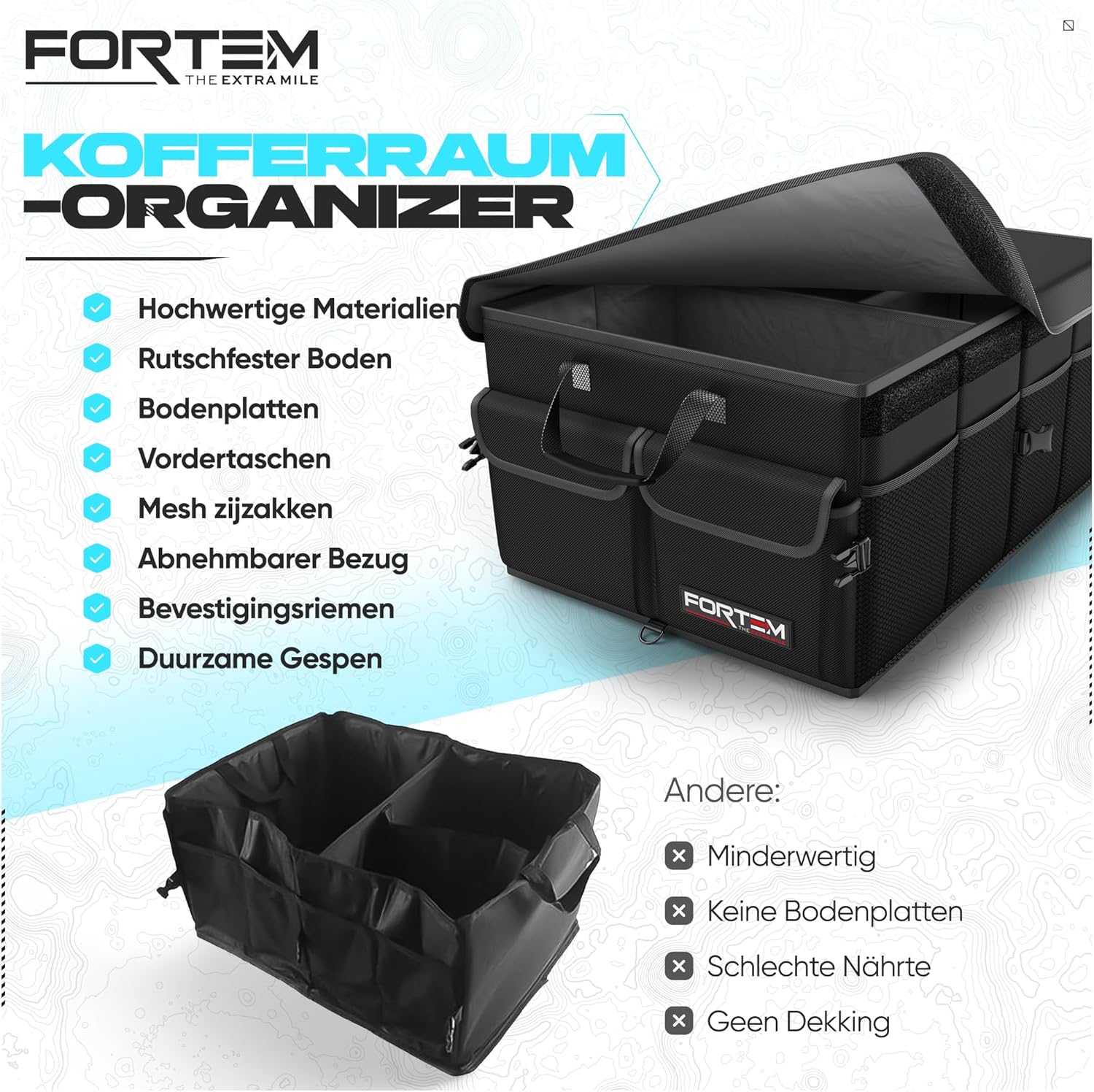FORTEM Kofferraum-Organizer, Kofferraumtasche, faltbarer Kofferraum-Organizer mit Fächern, rutschfester Basis, verstellbaren Sicherheitsgurten, Klappdeckel (schwarz, Standard) – Bild 7