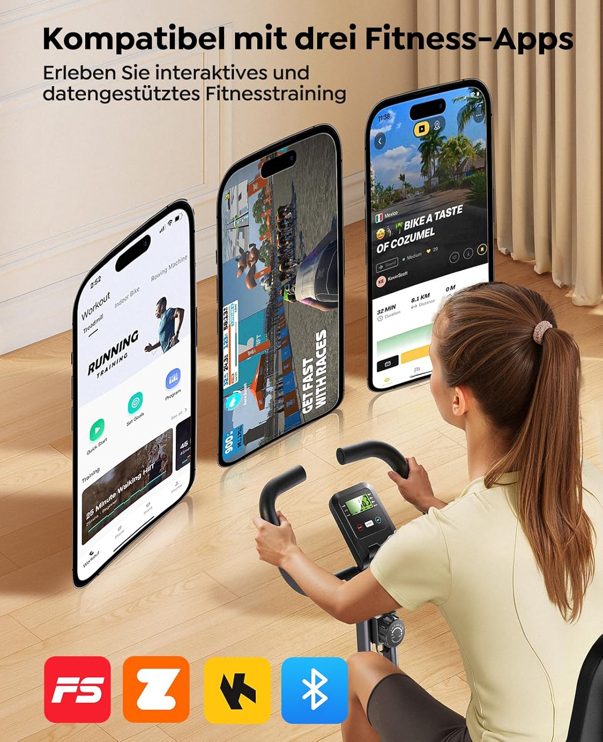 Toputure Klapp-Heimtrainer mit App, 5-in-1-Ergometer mit Hand-Bein-Zugseilen, 16 Magnetwiderstände, Indoor-Heimtrainer bis 140 kg, Ultraschall – Bild 5