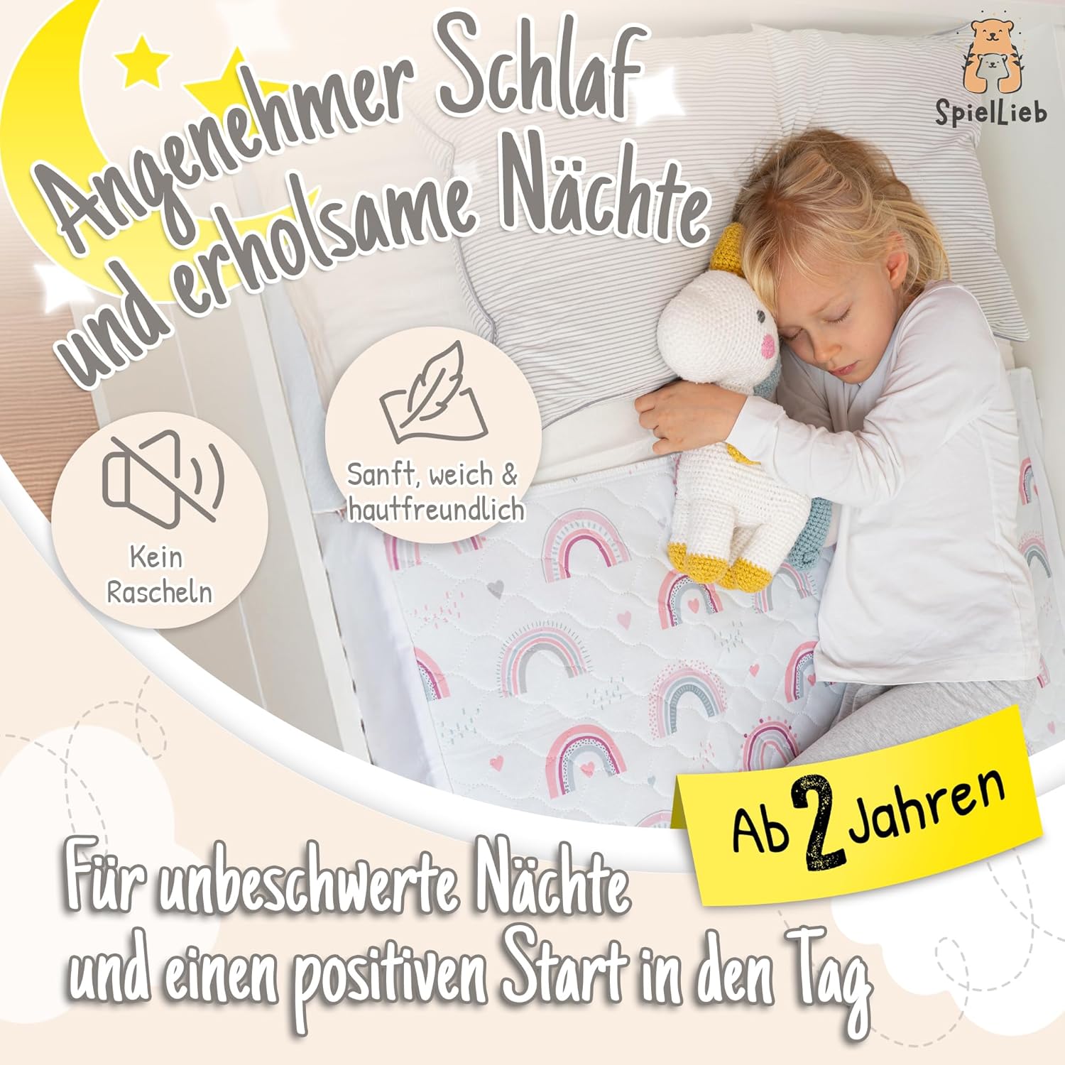 SpielLieb wasserdichte Kinderbettunterlage, atmungsaktive Inkontinenzunterlage, waschbar mit Pucktuch, Öko-Tex-zertifiziert, perfekt für deutsche Einzel- und Kinderbetten (Regenbogen) – Bild 6