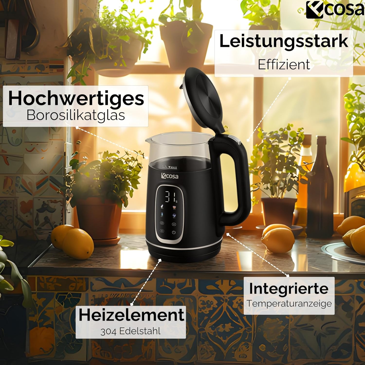 Ecosa Wasserkocher mit Temperatureinstellung, Glas, Edelstahl – Teebereiter – 1,7 Liter, 2.200 Watt – BPA-frei, mit Temperaturwahl 40 °C – 100 °C – Warmhaltefunktion, LED-Beleuchtung (Schwarze Perle) – Bild 3