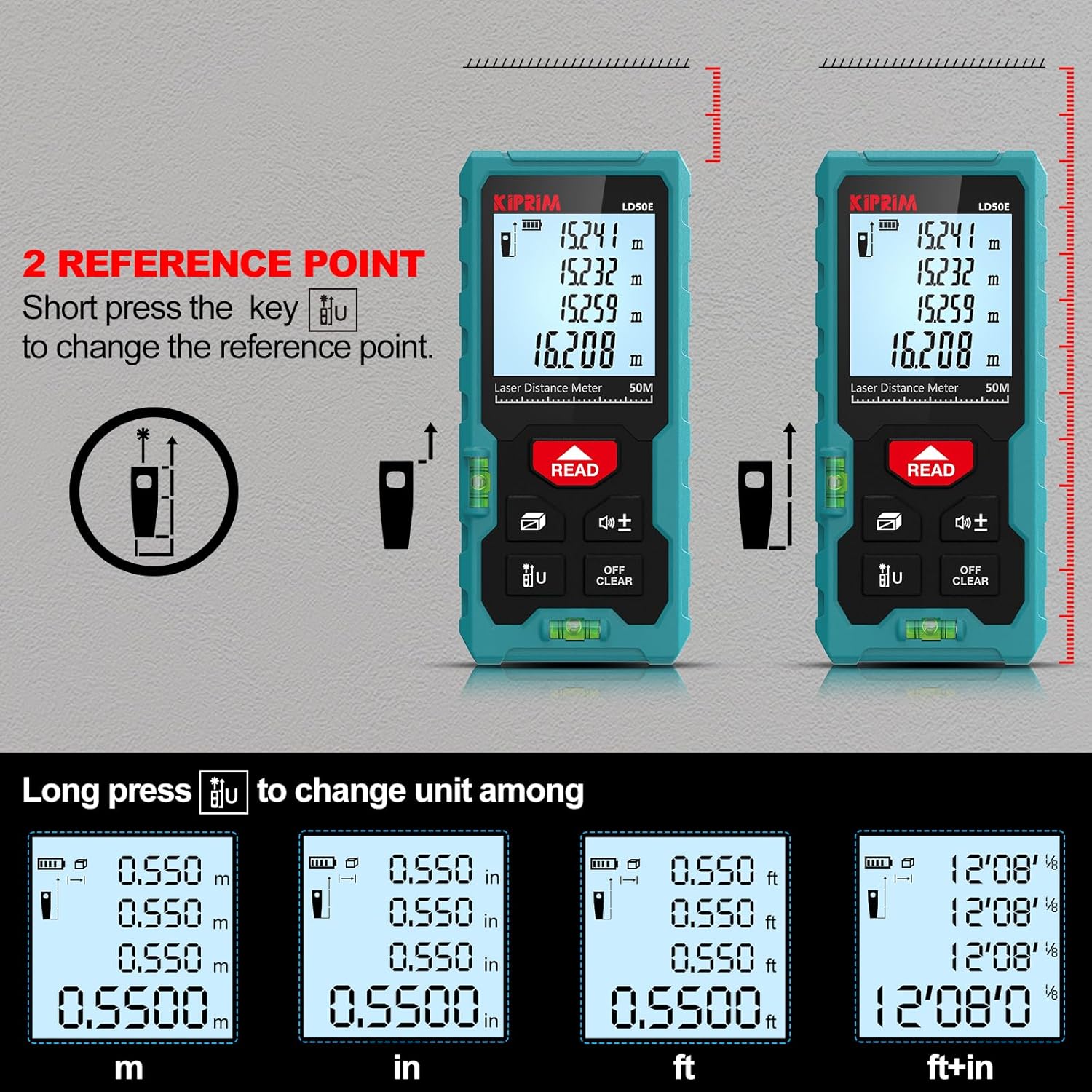 Kiprim Laser-Entfernungsmesser LD50E, hohe Genauigkeit, 50 m, Laser-Maßband, kompaktes Lasermessgerät mit großem hintergrundbeleuchtetem LCD-Display, ft/m/in-Umschaltung, Wasserwaage – Bild 3