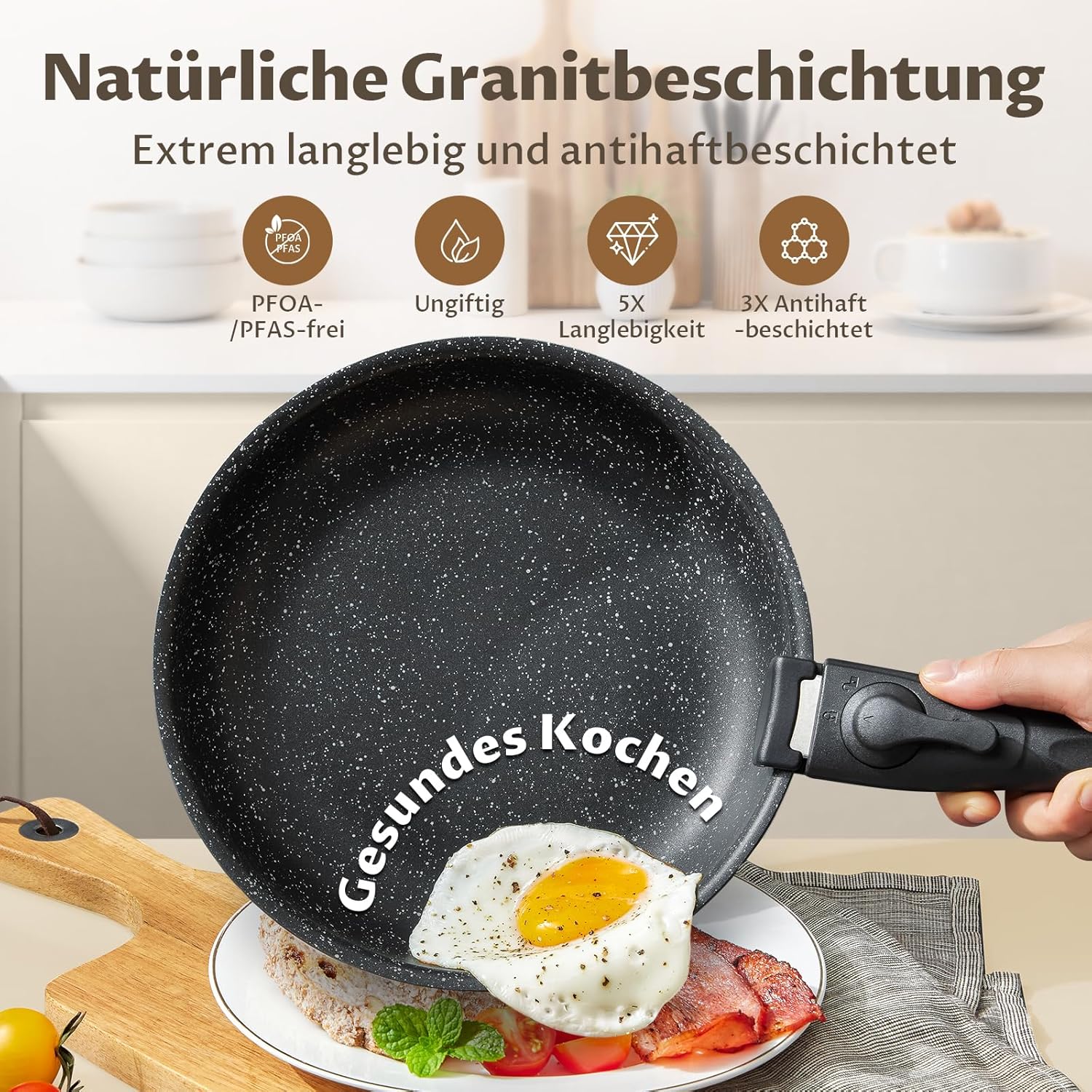 Fadware Induktions-Pfannenset, antihaftbeschichtete Bratpfanne, 20, 24, 28 cm mit abnehmbarem Griff für kleine Küchen und Wohnmobile, Pfannenset, stapelbar, platzsparend, für alle Herdarten, ofenfest – Bild 3