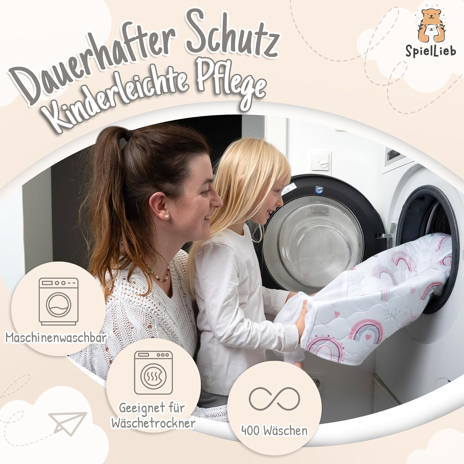 SpielLieb wasserdichte Kinderbettunterlage, atmungsaktive Inkontinenzunterlage, waschbar mit Pucktuch, Öko-Tex-zertifiziert, perfekt für deutsche Einzel- und Kinderbetten (Regenbogen) – Bild 7