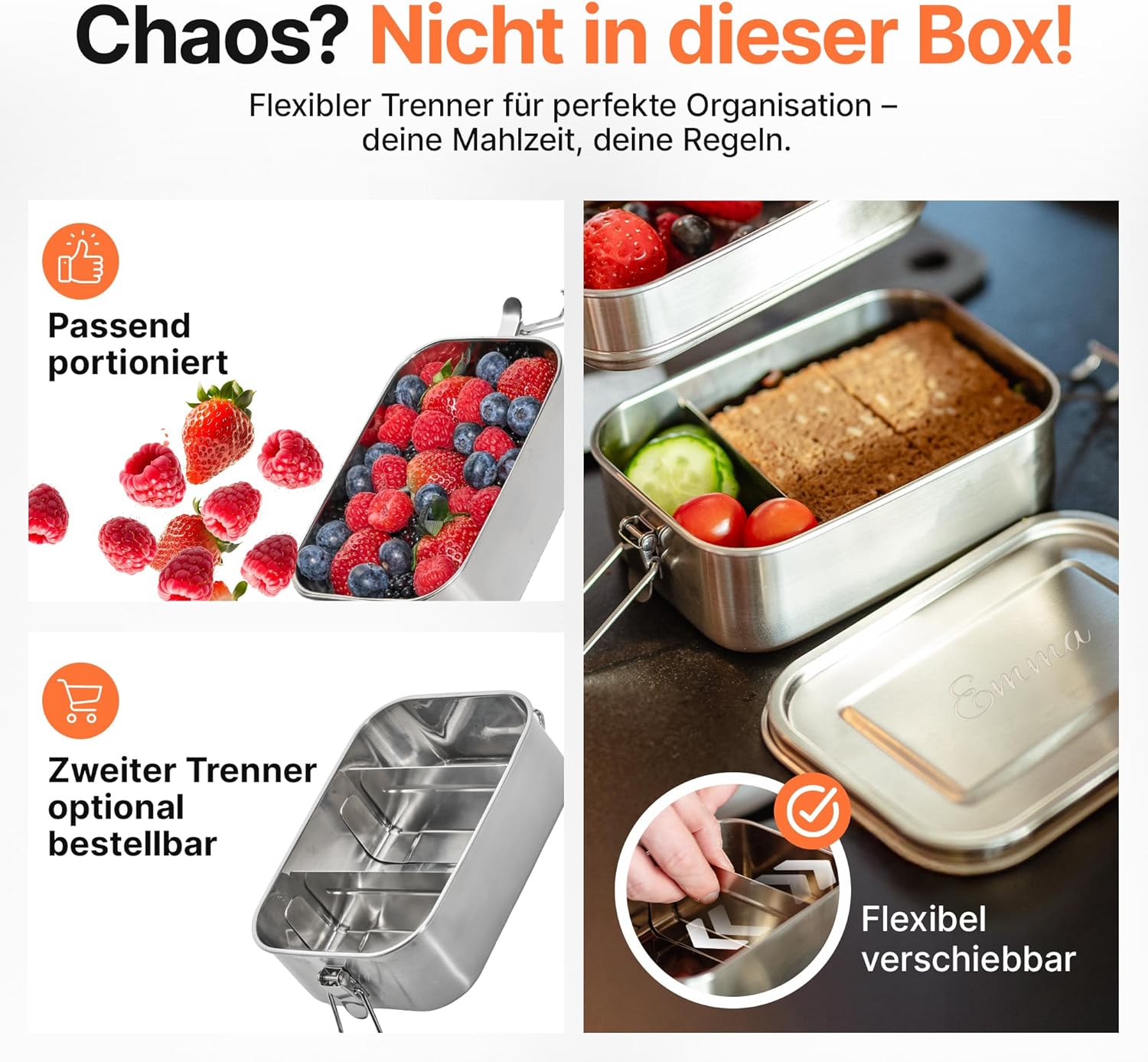 Isonio Lunchbox aus Edelstahl mit Lasergravur, inkl. Trenn- und Dichtungsring, Lunchbox, Bento-Box mit Namensgravur, M, Edelstahl – Bild 4