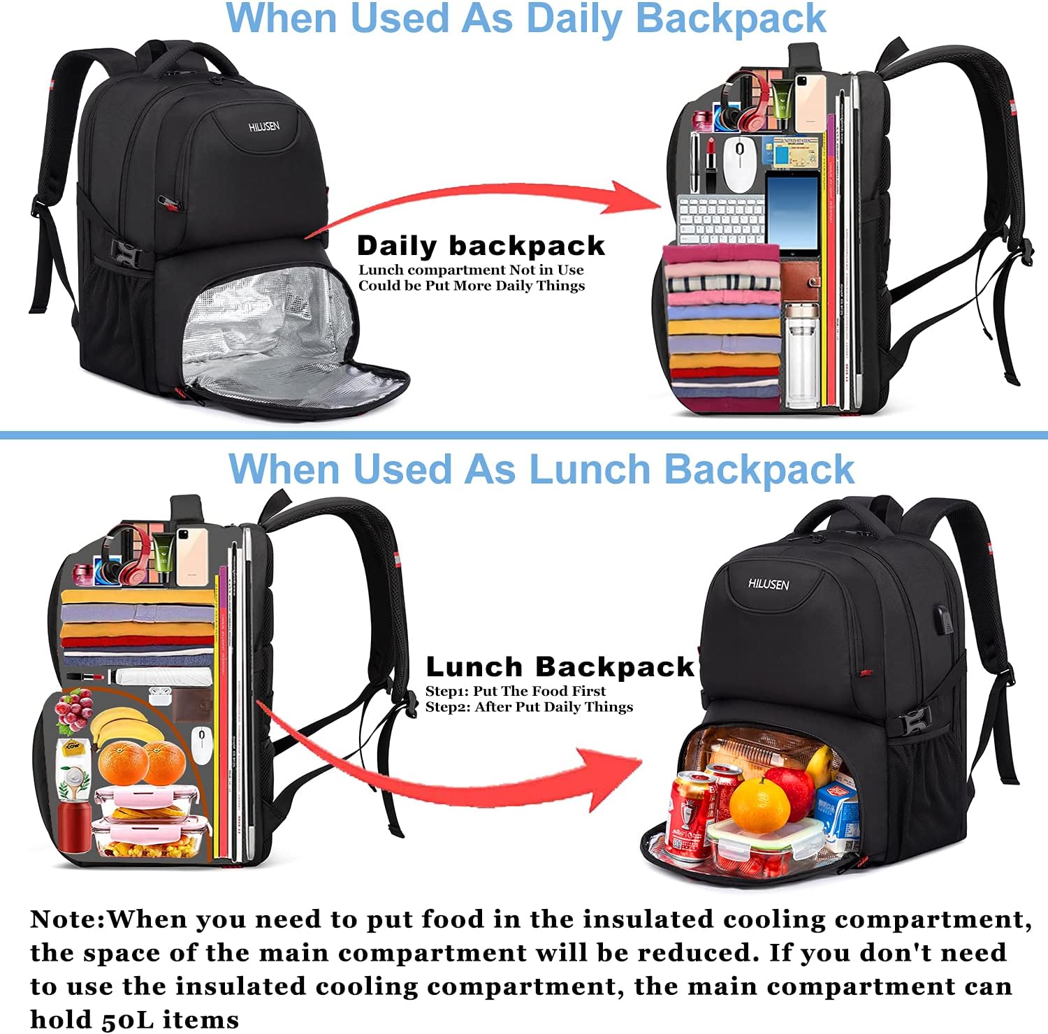 HILUSEN Großer Rucksack Herren 50L Arbeitsrucksack Laptoprucksack Herren 17,3 Zoll Schulrucksack mit USB-Ladeanschluss Geschäftsreise Notebooktasche Rucksäcke Herren Damen Jungen Teenager Schwarz – Bild 4