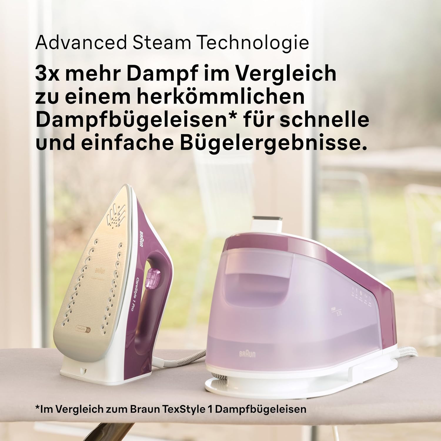 Braun CareStyle 1 Pro IS1514 VI Dampfbügeleisen – Dampfbügeleisen mit FreeGlide 3D-Technologie, Vertikaldampf, Anti-Tropf-Funktion, 1,7 l Wassertank, 6 bar, 120 g/min, 2200 W, Lila – Bild 3