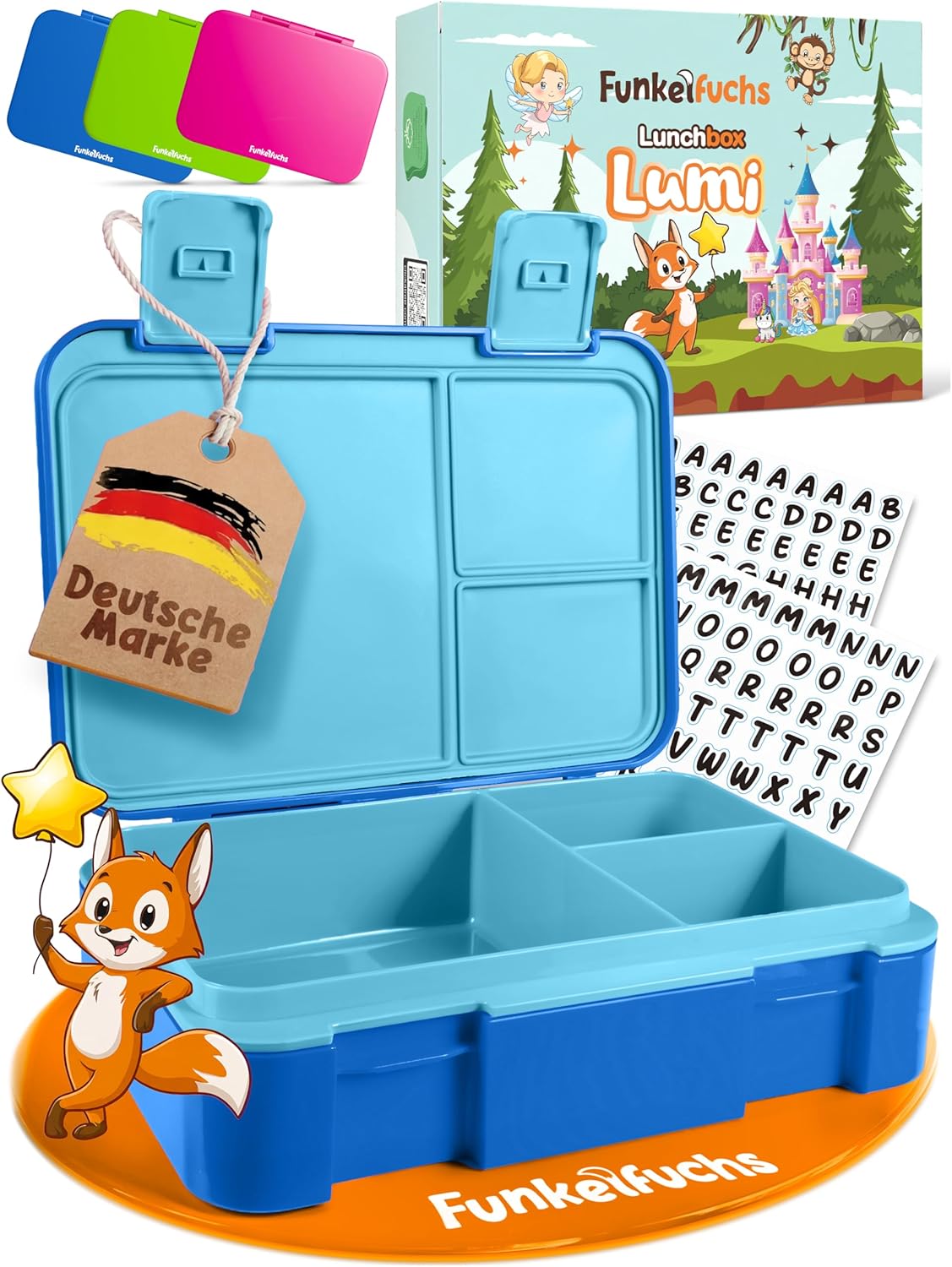 Funkelfuchs Lumi, Kinder-Brotdose mit Fächern, 950 ml, blau, BPA-freie Lunchbox für Schule & Kindergarten, superleicht, nur 350 g, auslaufsicher, spülmaschinenfest, Bento-Box, Snack-Box, Brotbox
