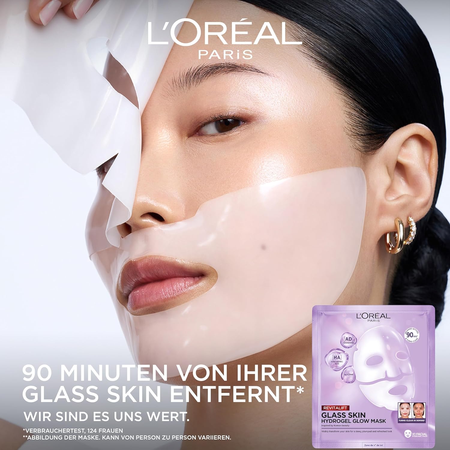 L'Oréal Paris Glass Skin Hydrogel Mask, für pralle und strahlende Haut, feuchtigkeitsspendend und glättend, mit Hyaluronsäure, Glycerin und Centella Asiatica, Revitalift Filler, Einzelmaske, 25 g – Bild 2