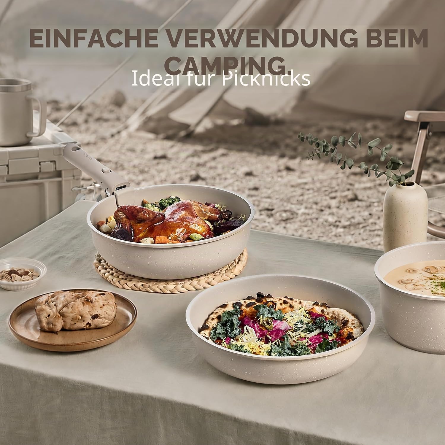 CAROTE 19-teiliges Kochtopf- und Pfannenset, antihaftbeschichtetes Kochgeschirr-Set, abnehmbarer Griff, Induktions-Küchen-Kochsets mit abnehmbarem Griff, Wohnmobil-Küche, ofenfest, Taupe – Bild 8