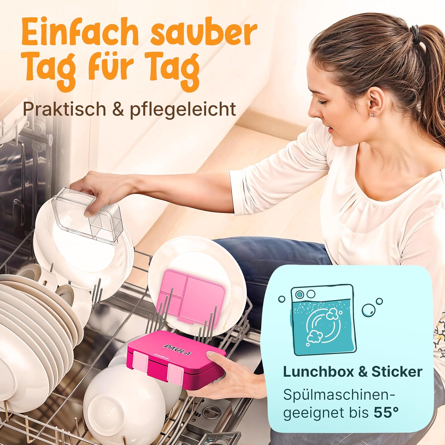 Funkelfuchs Lumi-Mini Kinder-Brotdose mit Fächern – 650 ml, Rosa | Lunchbox BPA-frei für Schule und Kindergarten | Superleicht, nur 300 g | Auslaufsicher, spülmaschinenfest | Bento-Box, Snack-Box – Bild 5