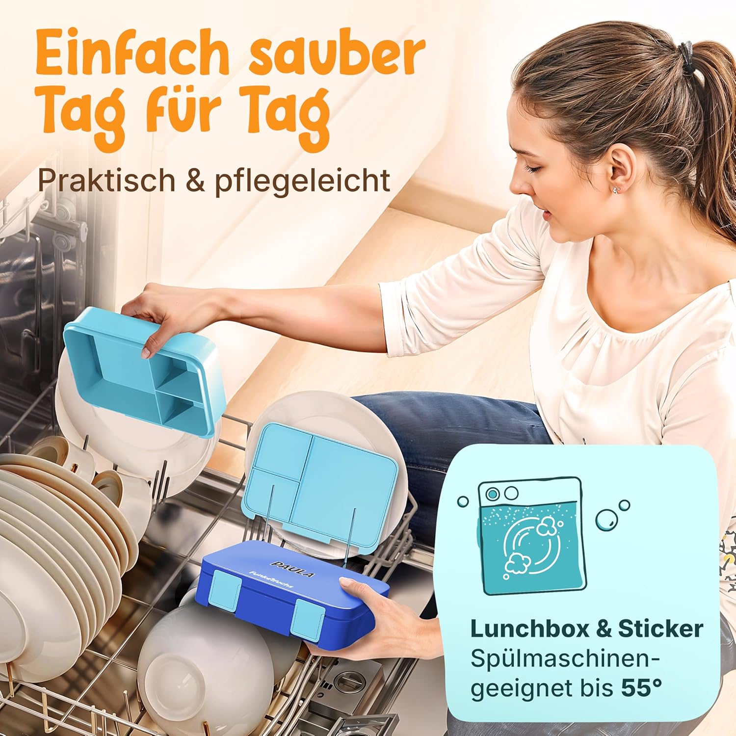 Funkelfuchs Lumi, Kinder-Brotdose mit Fächern, 950 ml, blau, BPA-freie Lunchbox für Schule & Kindergarten, superleicht, nur 350 g, auslaufsicher, spülmaschinenfest, Bento-Box, Snack-Box, Brotbox – Bild 5