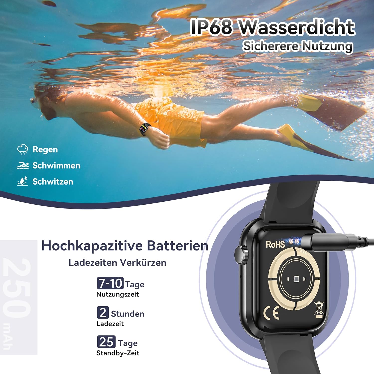 Smartwatch für Damen und Herren, 1,83 Zoll HD-Fitness-Tracker mit Schrittzähler, Blutdruckmessgerät, Herzfrequenzmesser, Telefonfunktion, Schlaf-Tracker, 120+ Sportmodi, IP68 wasserdichte Fitnessuhr – Bild 6