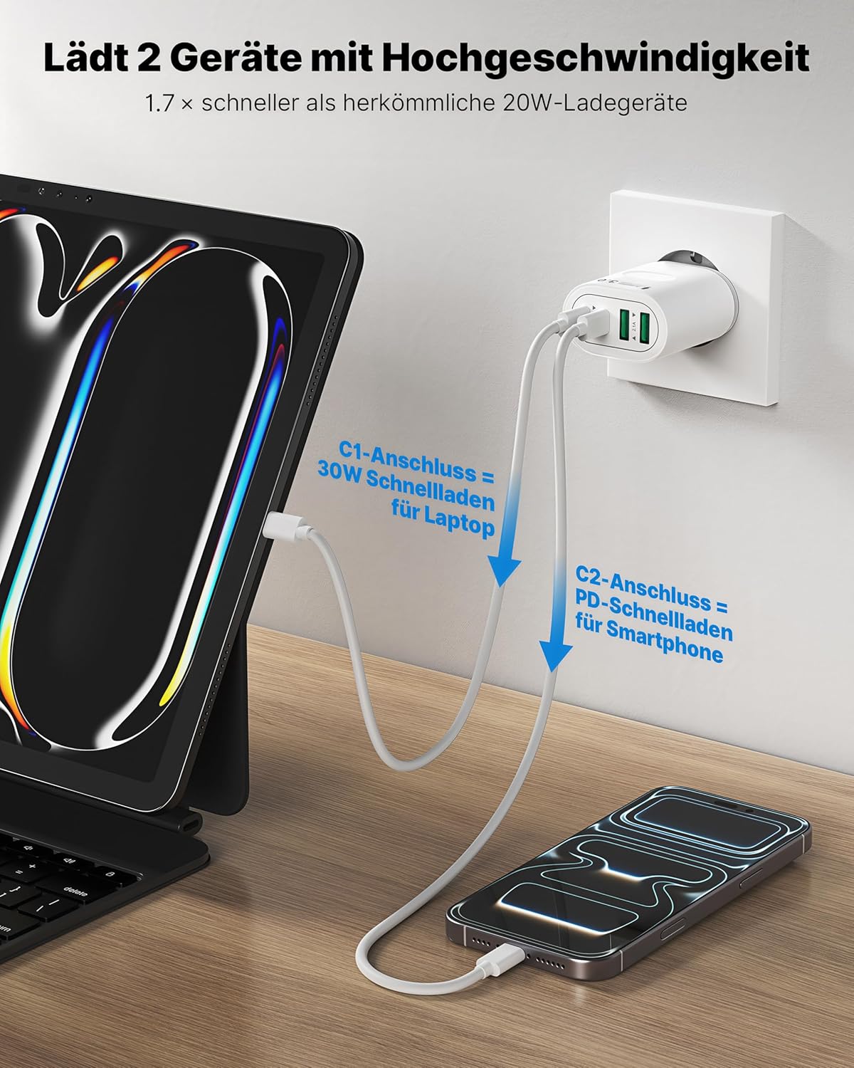 USB C Ladegerät, 4 Ports Mehrfachstecker 60W USB C Power Adapter USB Stecker PD 3.0 Schnellladegerät Netzteil USB Schnellladestecker für iPhone 16 15 14 13 12 11 Pro Max, iPad, Samsung, Mobiltelefone – Bild 3