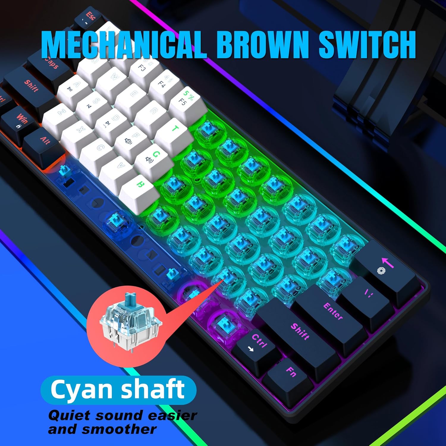 Snpurdiri 60 % kabelgebundene mechanische Gaming-Tastatur, 61 Anti-Ghosting-Tasten, RGB-Hintergrundbeleuchtung, ultrakompakte blaue Schalter, zwei Ständer, Schwarz/Weiß – Bild 4