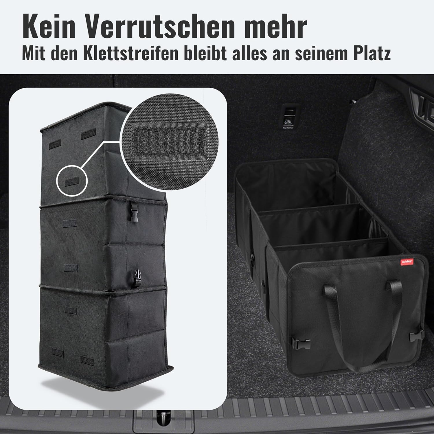 Achilles Vario-Box, faltbarer Auto-Organizer, verstellbarer Kofferraumtaschen-Korb mit Klettverschluss am Boden, große Faltkorb-Box, Faltbox-Korb, schwarz, 72 x 33 x 30 cm – Bild 3