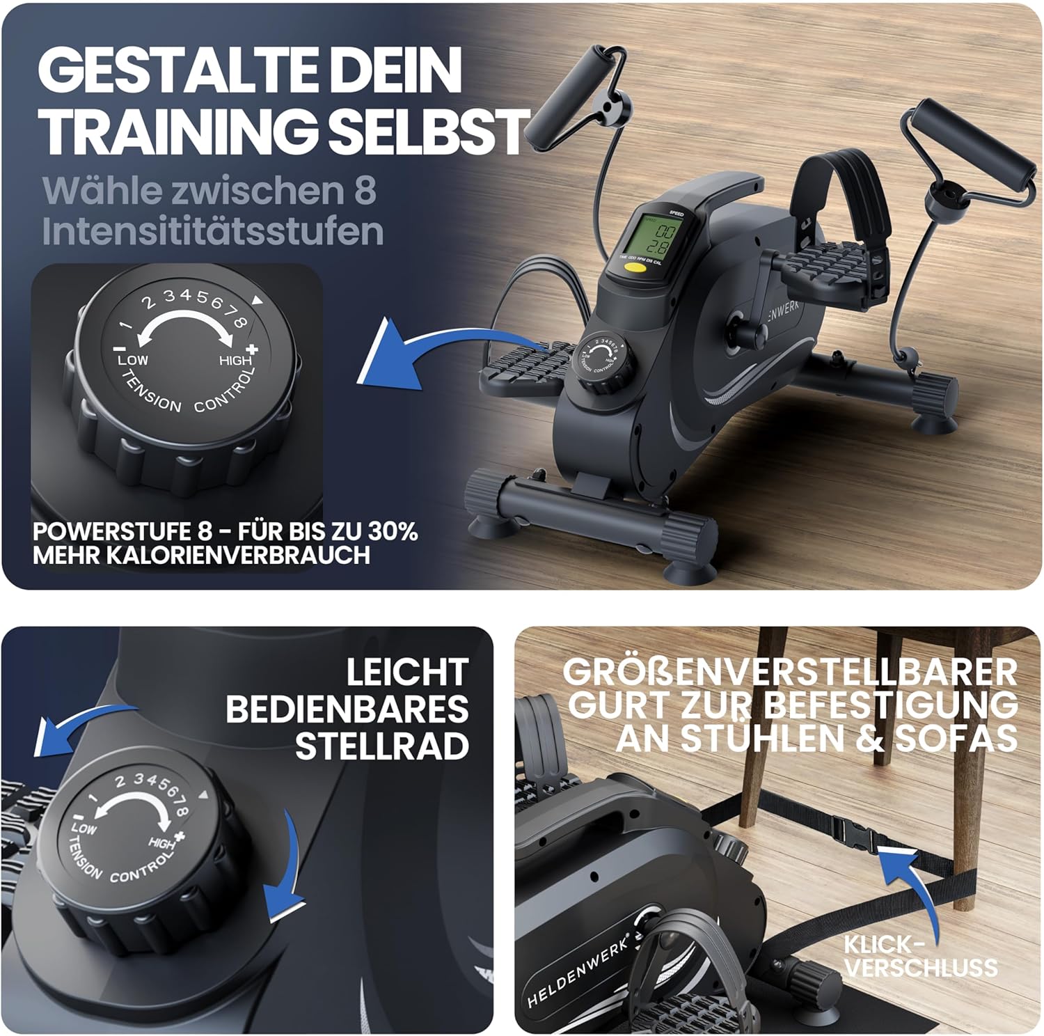 HELDENWERK Pedaltrainer Pro Set - TÜV/GS geprüft | Vergleichssieger | Extra leise & gelenkschonend inklusive Befestigungsgurt – Arm- und Beintrainer für zu Hause – Trettrainer für Senioren, Heimtrainer – Bild 4