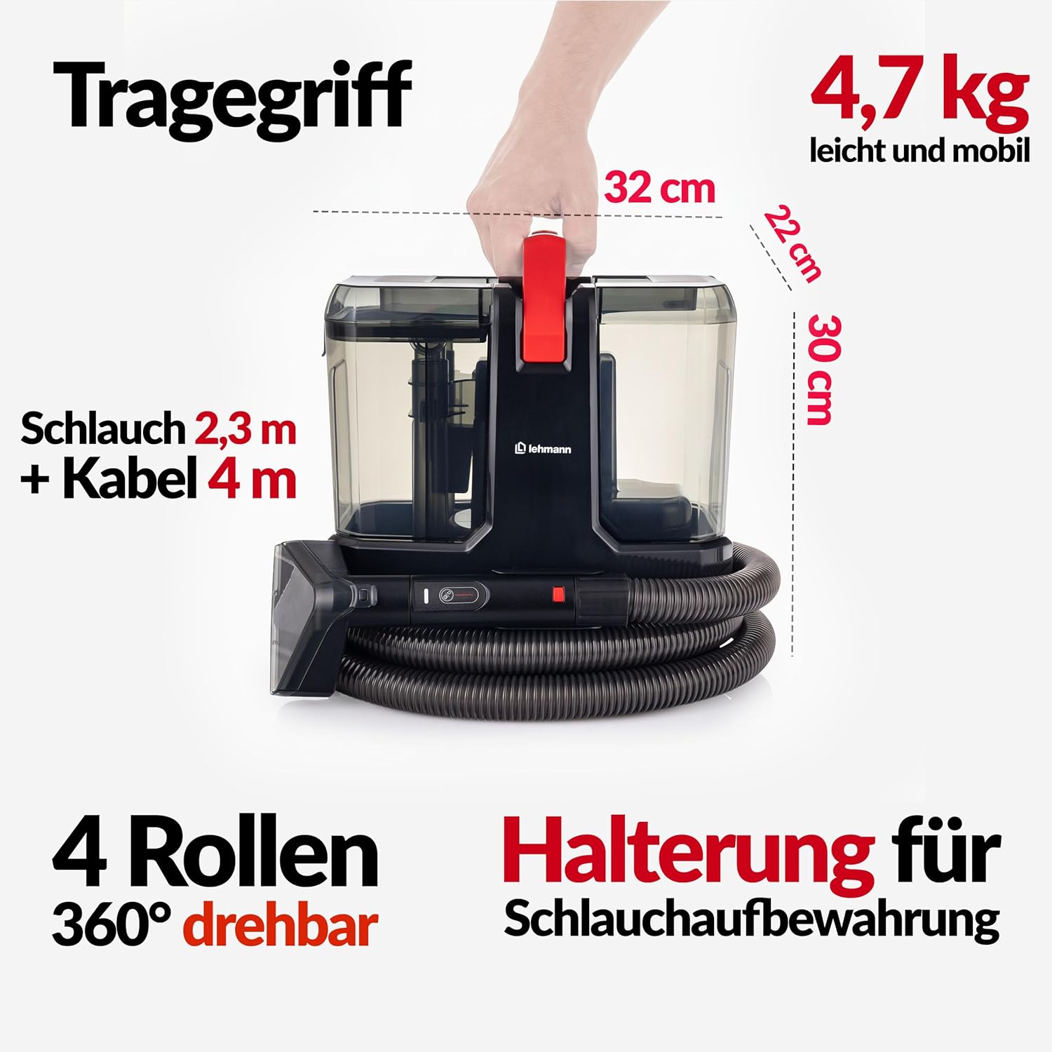 LEHMANN SteamWash 1800 Waschsauger & Dampfreiniger 4in1, Polsterreiniger und Teppichreiniger mit Warmwasser 60°C & Dampf 116°C, 16 kPa Saugkraft, Fleckenreiniger für Sofa, Auto & Haushalt – Bild 3