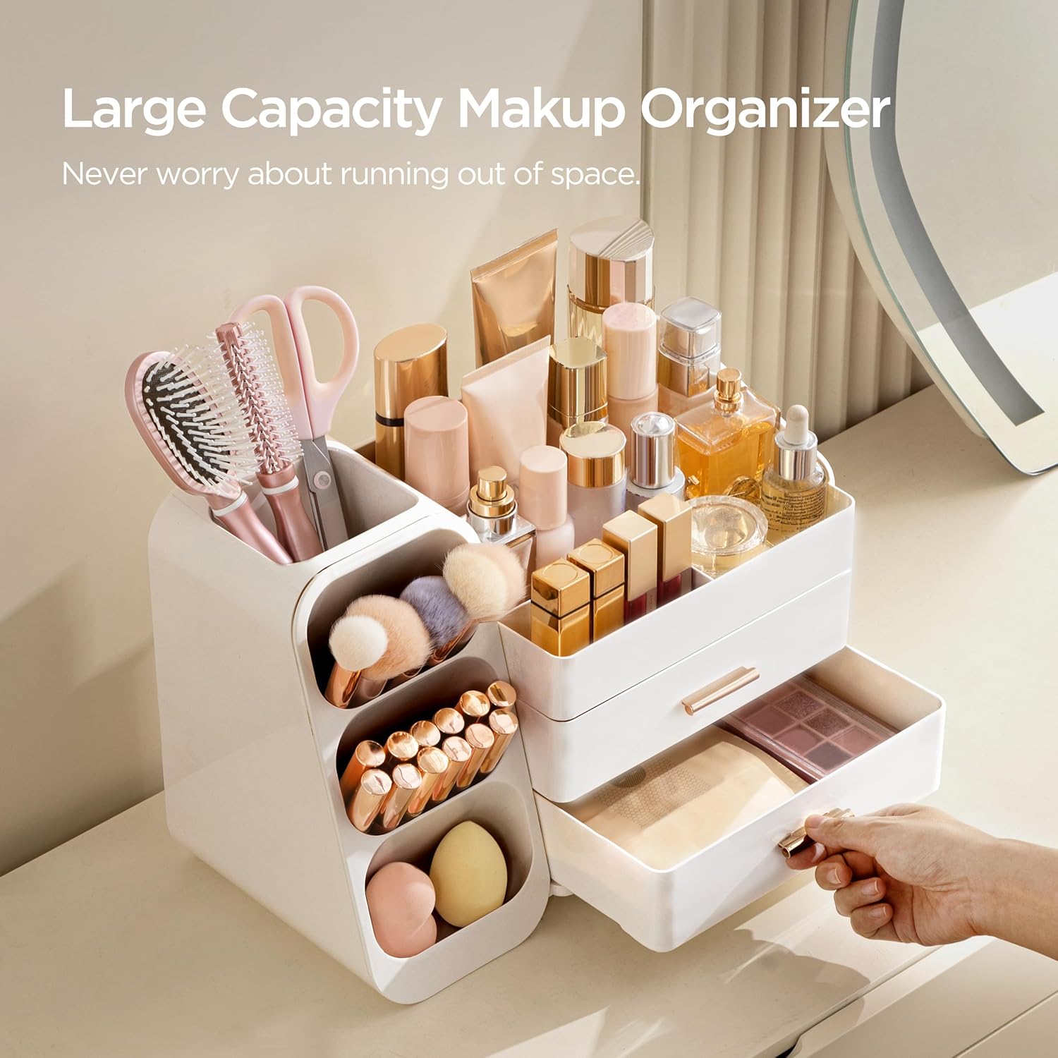 HBlife Make-up-Kosmetik-Organizer mit Schubladen, Pinsel-Organizer, 3-in-1-Kosmetik-Aufbewahrungsbox aus Kunststoff, Make-up-Aufbewahrungsbox, großer Stauraum, weiß – Bild 2