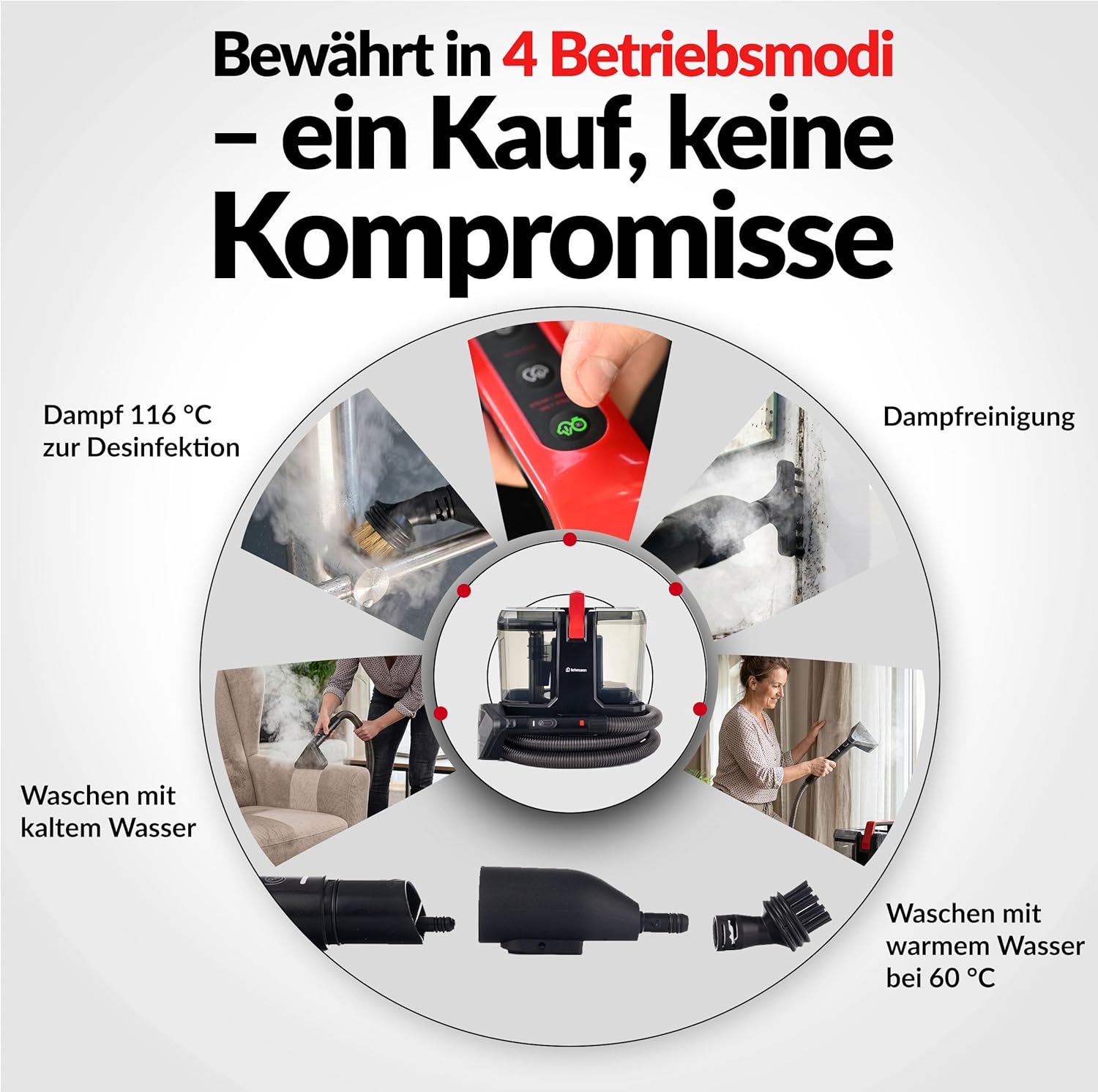 LEHMANN SteamWash 1800 Waschsauger & Dampfreiniger 4in1, Polsterreiniger und Teppichreiniger mit Warmwasser 60°C & Dampf 116°C, 16 kPa Saugkraft, Fleckenreiniger für Sofa, Auto & Haushalt – Bild 4