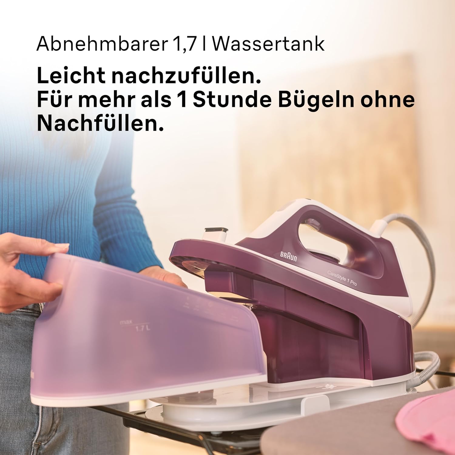 Braun CareStyle 1 Pro IS1514 VI Dampfbügeleisen – Dampfbügeleisen mit FreeGlide 3D-Technologie, Vertikaldampf, Anti-Tropf-Funktion, 1,7 l Wassertank, 6 bar, 120 g/min, 2200 W, Lila – Bild 6