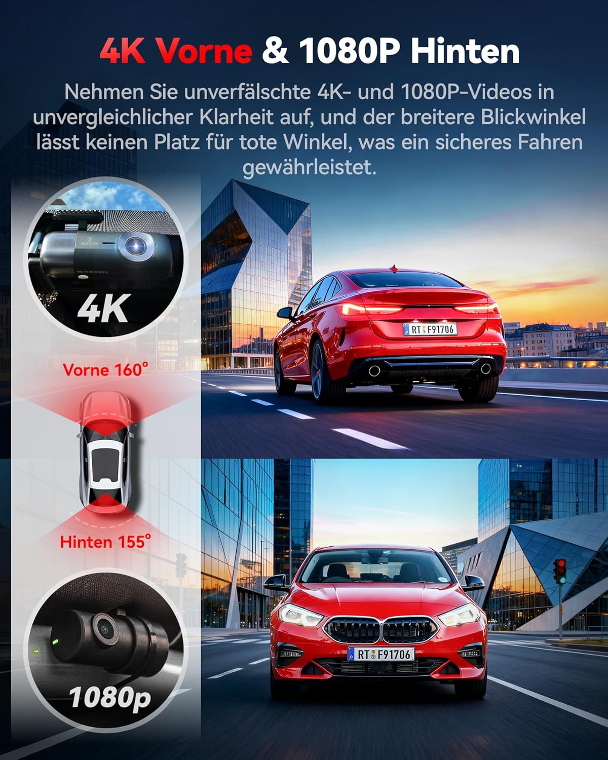 REDTIGER Dashcam Auto vorne hinten 4K/1080P, 5,8 GHz WiFi GPS Autokamera Loop-Aufnahme, Nachtsicht, Parkmodus, intelligente App-Steuerung, Unterstützung bis zu 256 GB (F9) – Bild 3