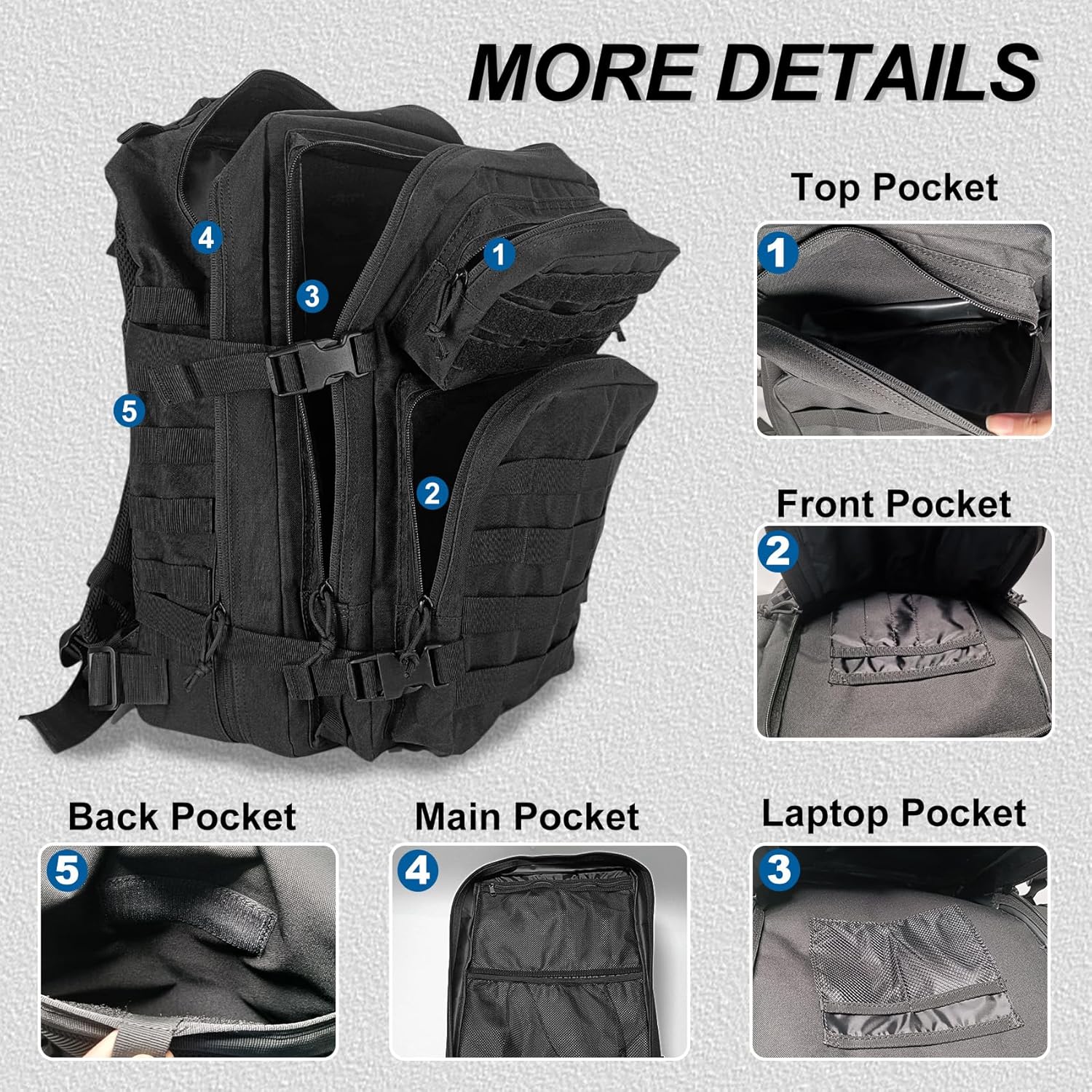 Herren-Militärrucksack, 45 l, großer Rucksack, wasserdicht, Outdoor-Überlebens-Wanderrucksack, taktischer Rucksack, geeignet für Jagd, Wandern, Camping und andere Outdoor-Aktivitäten – Bild 3