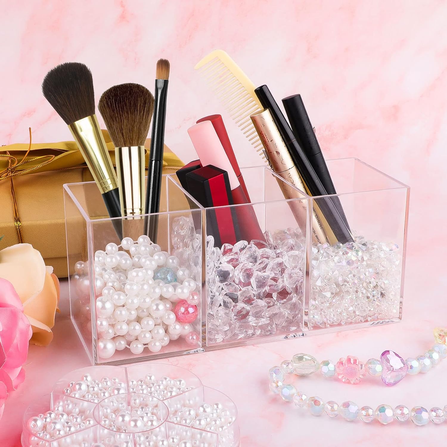 Acryl-Pinselhalter, 3 Fächer, Make-up-Organizer, transparenter Schminktisch-Organizer, Make-up-Organizer für Pinsel, Eyeliner, Lippenstift, Schminktisch-Zubehör-Aufbewahrung, es kann durchsucht werden, Stifthalter – Bild 7