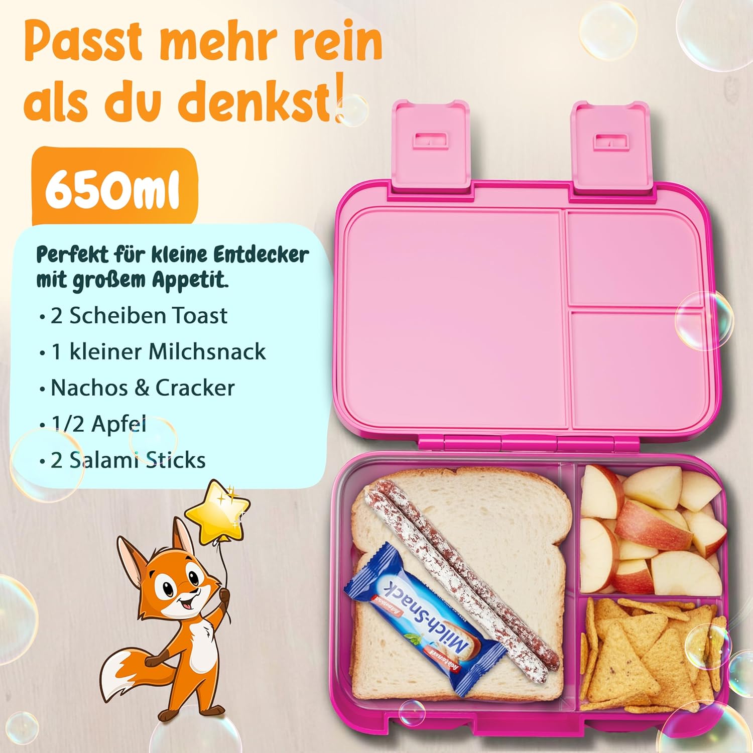Funkelfuchs Lumi-Mini Kinder-Brotdose mit Fächern – 650 ml, Rosa | Lunchbox BPA-frei für Schule und Kindergarten | Superleicht, nur 300 g | Auslaufsicher, spülmaschinenfest | Bento-Box, Snack-Box – Bild 4