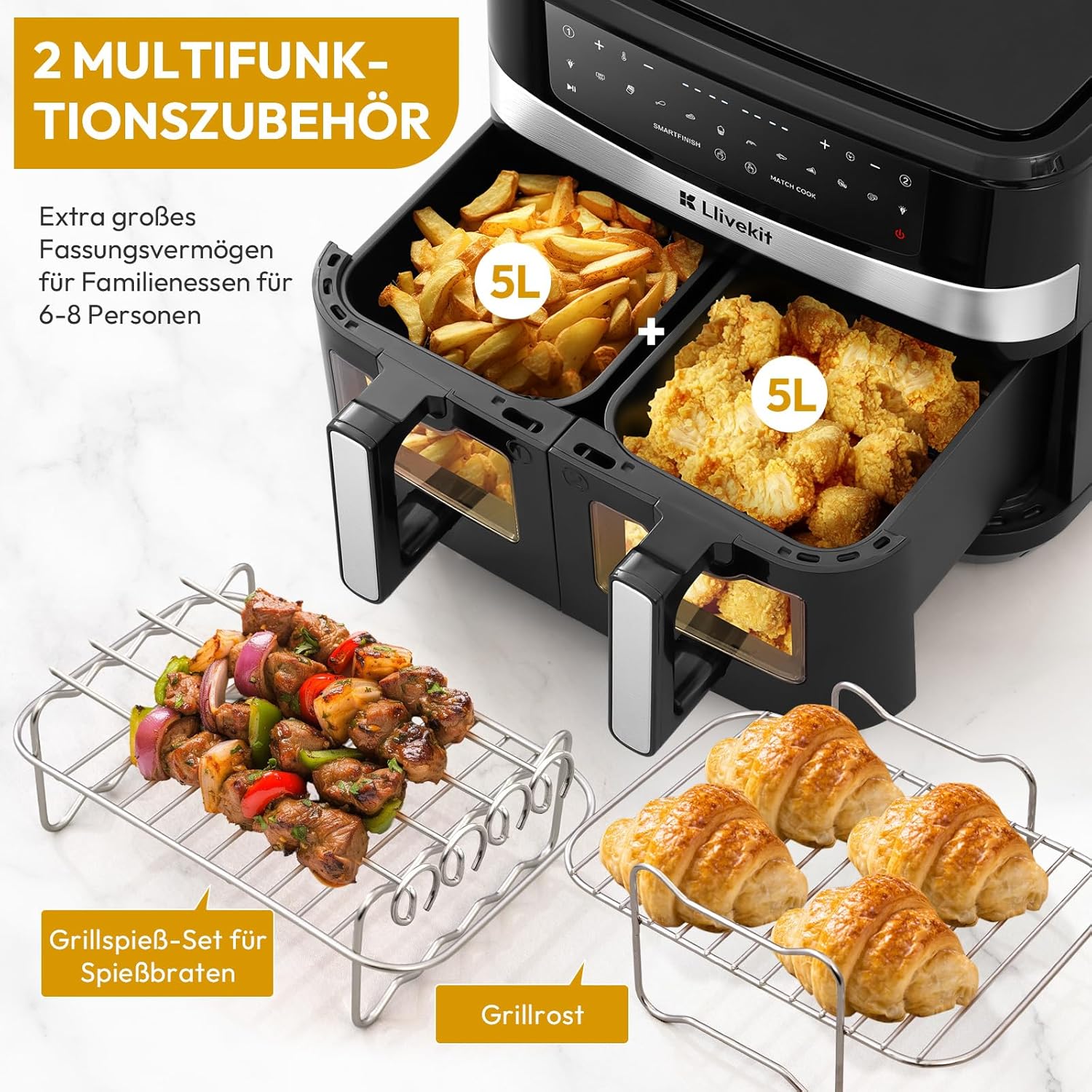 LLIVEKIT 10L Dual Blaze Heißluftfritteuse, 2800 W Doppelheizquelle ohne Umkehrfunktion, 5L + 5L Doppelkammer-Airfryer mit Spießhalter, 12-in-1, 70 % schneller, spülmaschinenfest, PFOA-frei – Bild 2