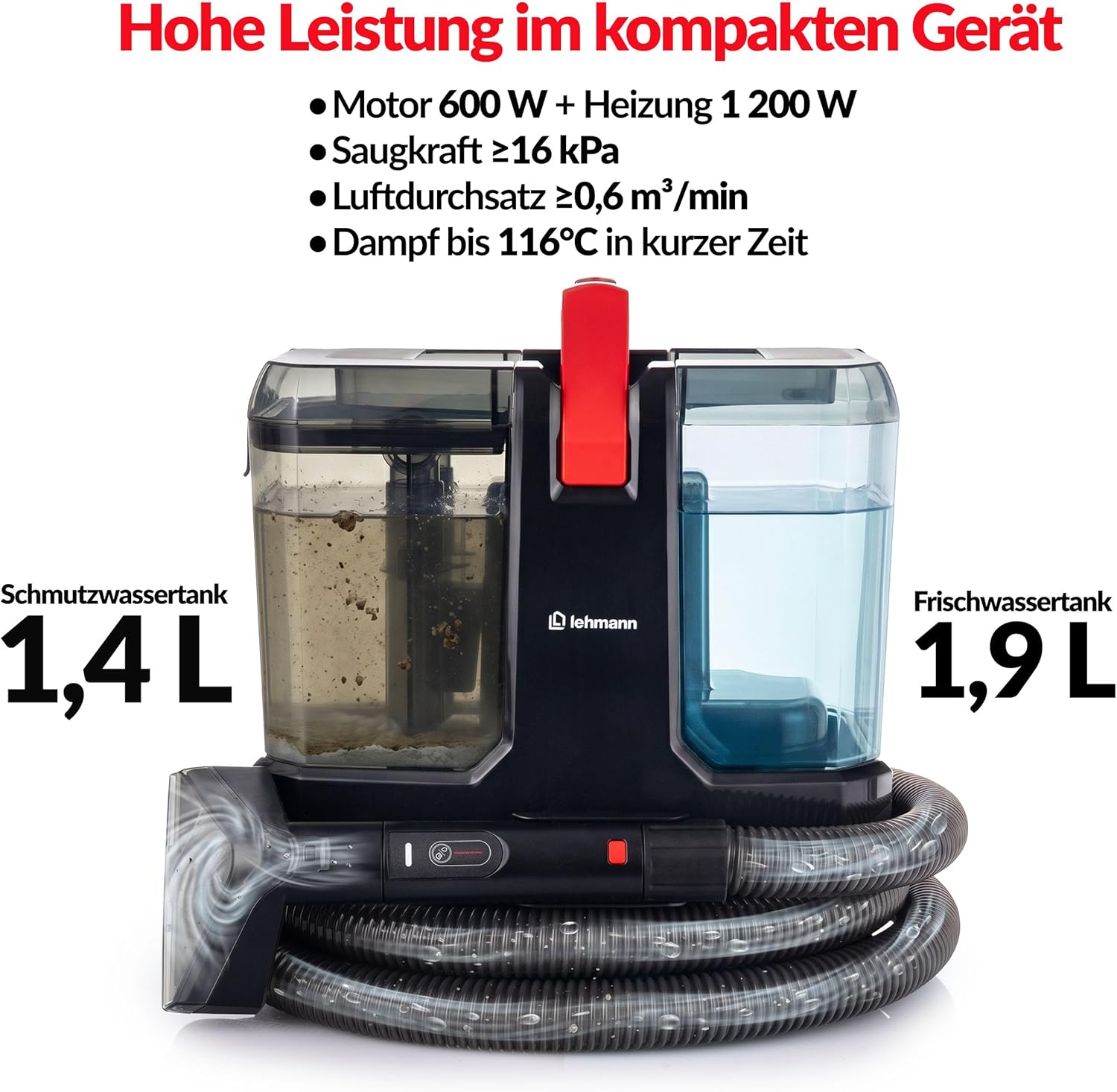 LEHMANN SteamWash 1800 Waschsauger & Dampfreiniger 4in1, Polsterreiniger und Teppichreiniger mit Warmwasser 60°C & Dampf 116°C, 16 kPa Saugkraft, Fleckenreiniger für Sofa, Auto & Haushalt – Bild 5
