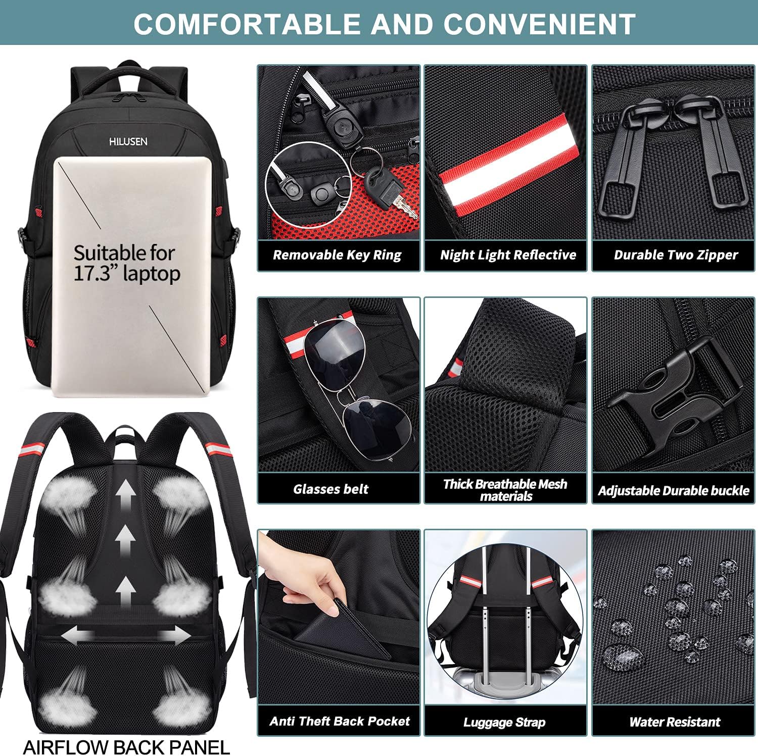 HILUSEN Großer Rucksack Herren 50L Arbeitsrucksack Laptoprucksack Herren 17,3 Zoll Schulrucksack mit USB-Ladeanschluss Geschäftsreise Notebooktasche Rucksäcke Herren Damen Jungen Teenager Schwarz – Bild 5