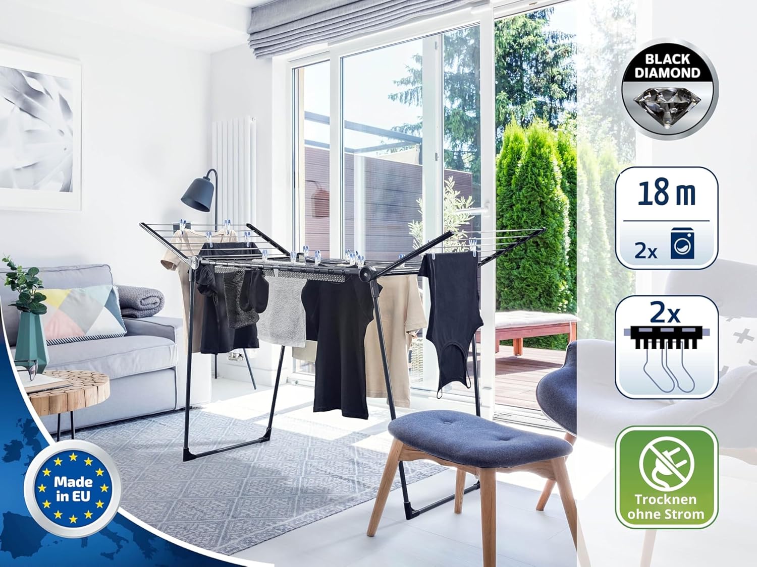 Leifheit Pegasus 180 Solid Black Wäscheständer mit Flügeln für lange Kleidungsstücke, stabiler Wäscheständer für den Innen- und Außenbereich, Wäscheecke im modernen Design – Bild 3