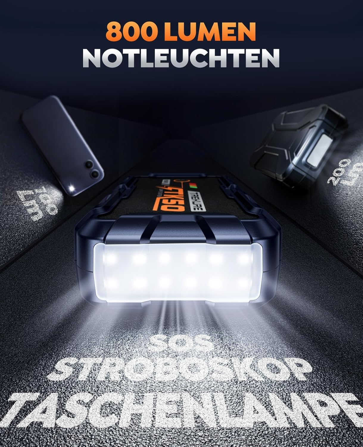 Starthilfe-Powerbank für Autos 8000 A (Alle Benziner/12,0 l Diesel), Auto-Starthilfe 26800 mAh, 12-V-Autobatterie-Booster mit 800-Lumen-Taschenlampe, 2 USB-Ausgänge, verdickte Starthilfekabel, tragbarer Griff – Bild 4