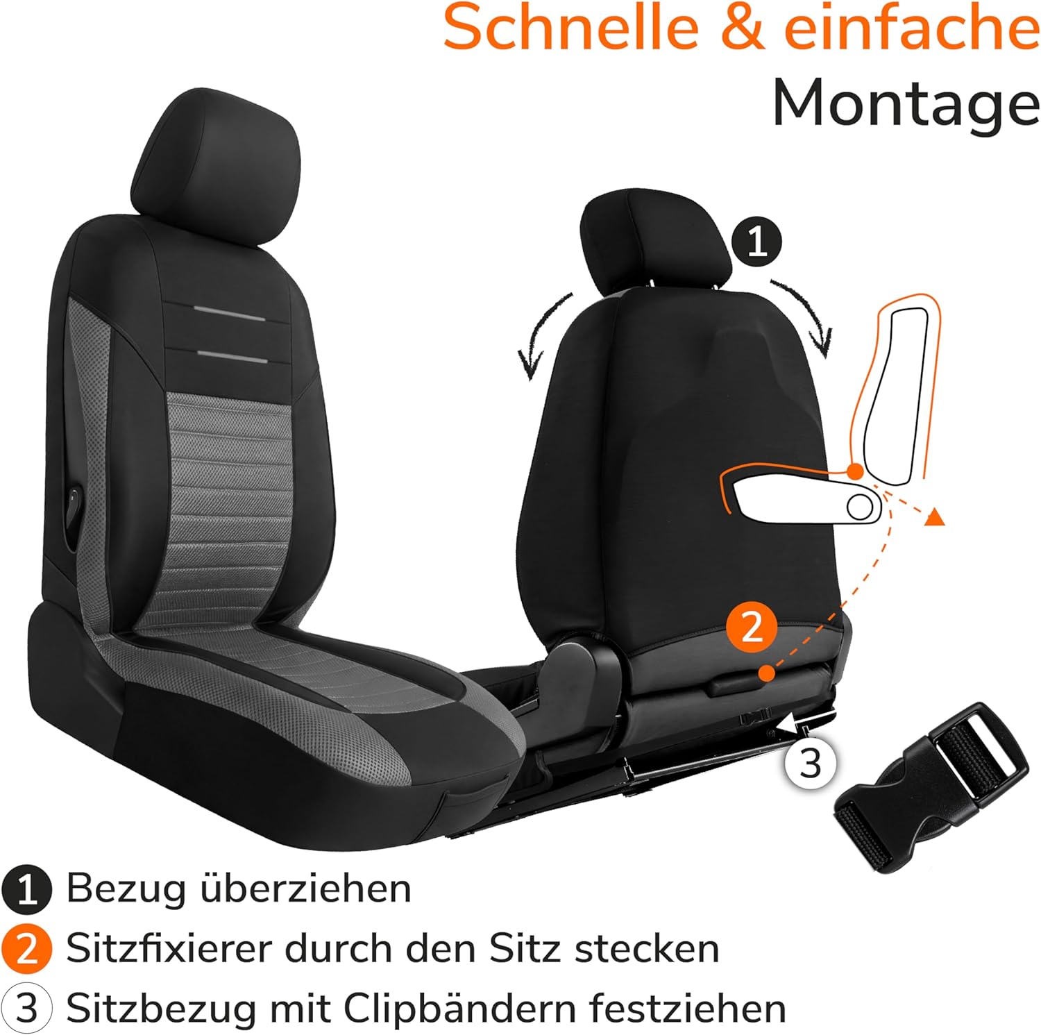 Upgrade4cars Autositzbezüge-Set für die Vordersitze Version 2026 | Autositzbezüge Universal in Grau für Fahrersitz & Beifahrer | Autozubehör Innendekoration – Bild 7