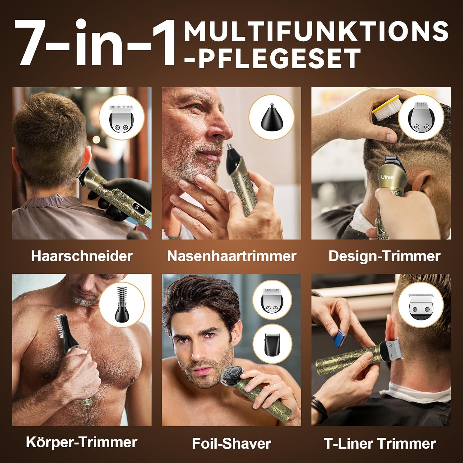 Ufree Herren Profi Bartschneider Haarschneider 7 in 1 Bartschneider Haarschneider Rasierer Herren Elektrischer Langhaarschneider Geburtstagsgeschenk für Männer – Bild 3