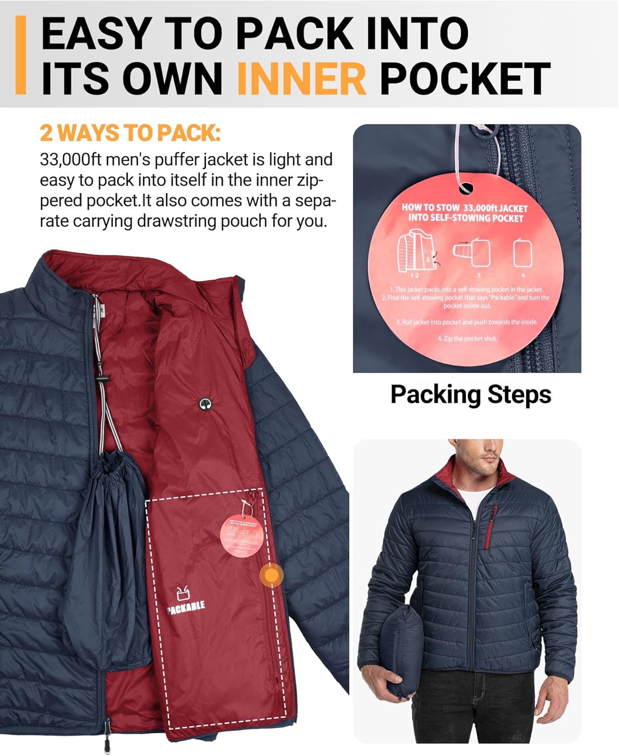 33.000ft Herren-Steppjacke, leichte Übergangsjacke im Daunenjacken-Look, Winterjacke für Herren, gefüttert mit Taschen, verstaubar für Freizeit, Wandern, Reisen, leichte Pufferjacke – Bild 3