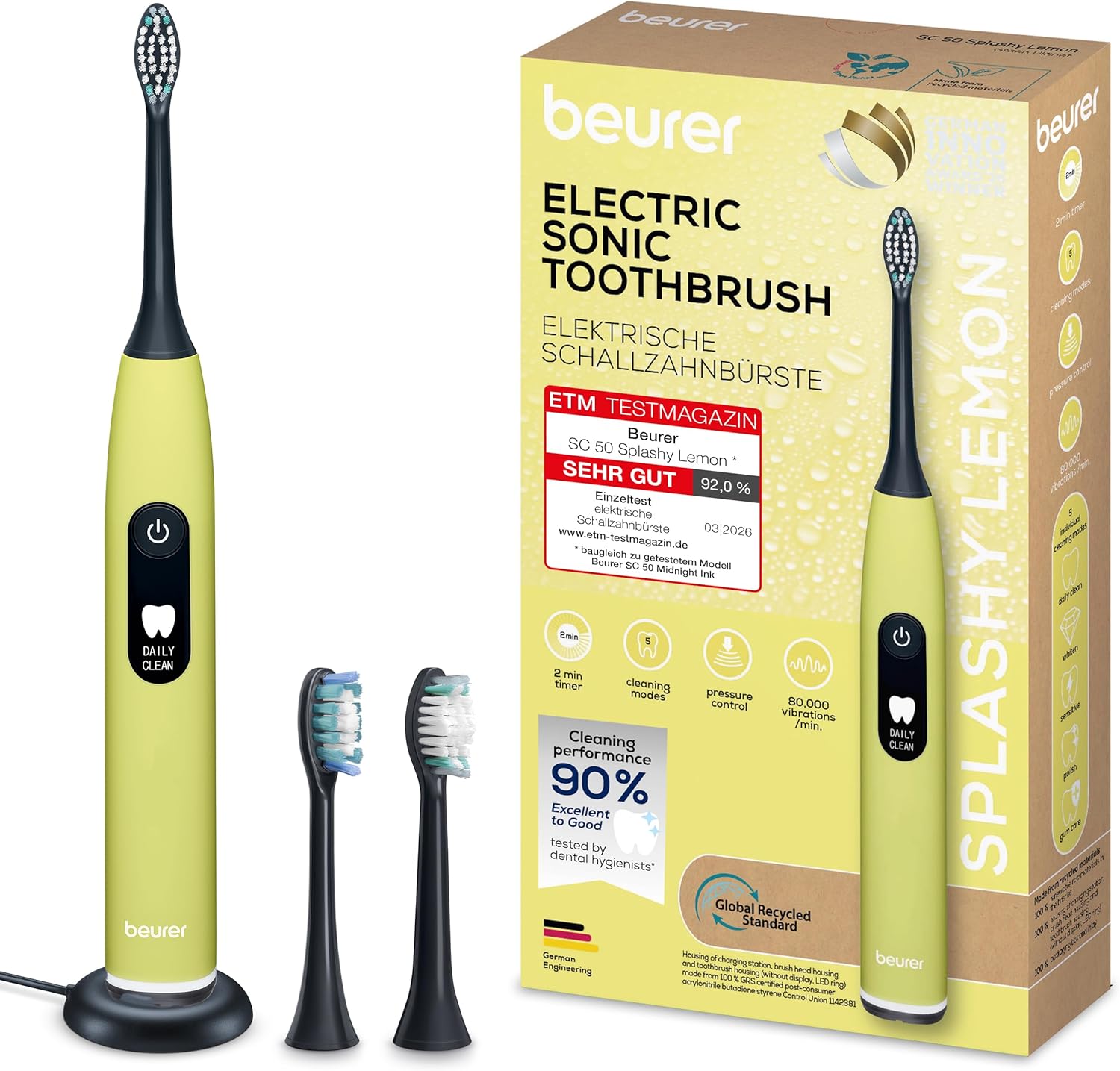 Beurer SC 50 Schallzahnbürste, elektrische Zahnbürste mit 5 Reinigungsmodi & Drucksensor, 80.000 Vibrationen, Display mit Putzzeitanzeige, inklusive 2 Ersatzzahnbürstenköpfe (Splashy Lemon)